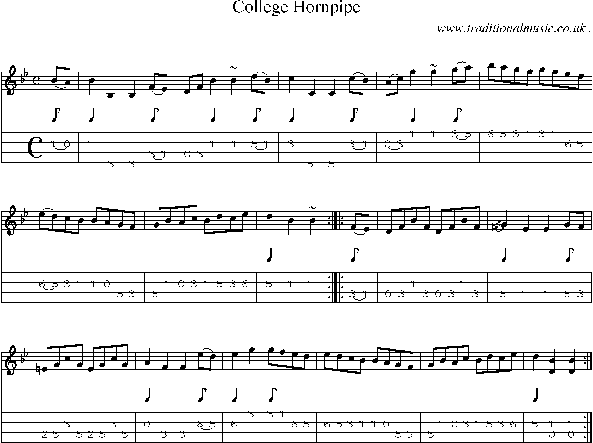 Sheet-music  score, Chords and Mandolin Tabs for College Hornpipe
