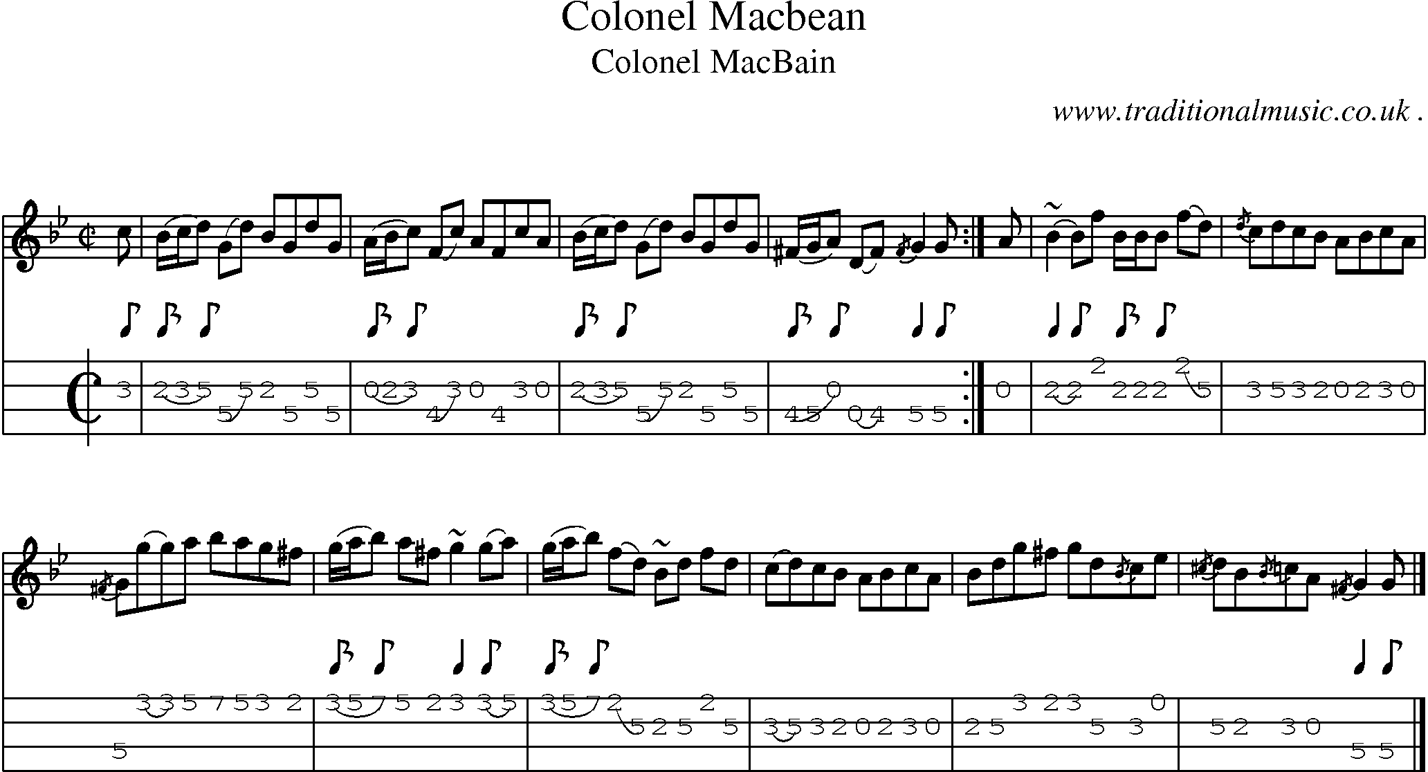 Sheet-music  score, Chords and Mandolin Tabs for Colonel Macbean