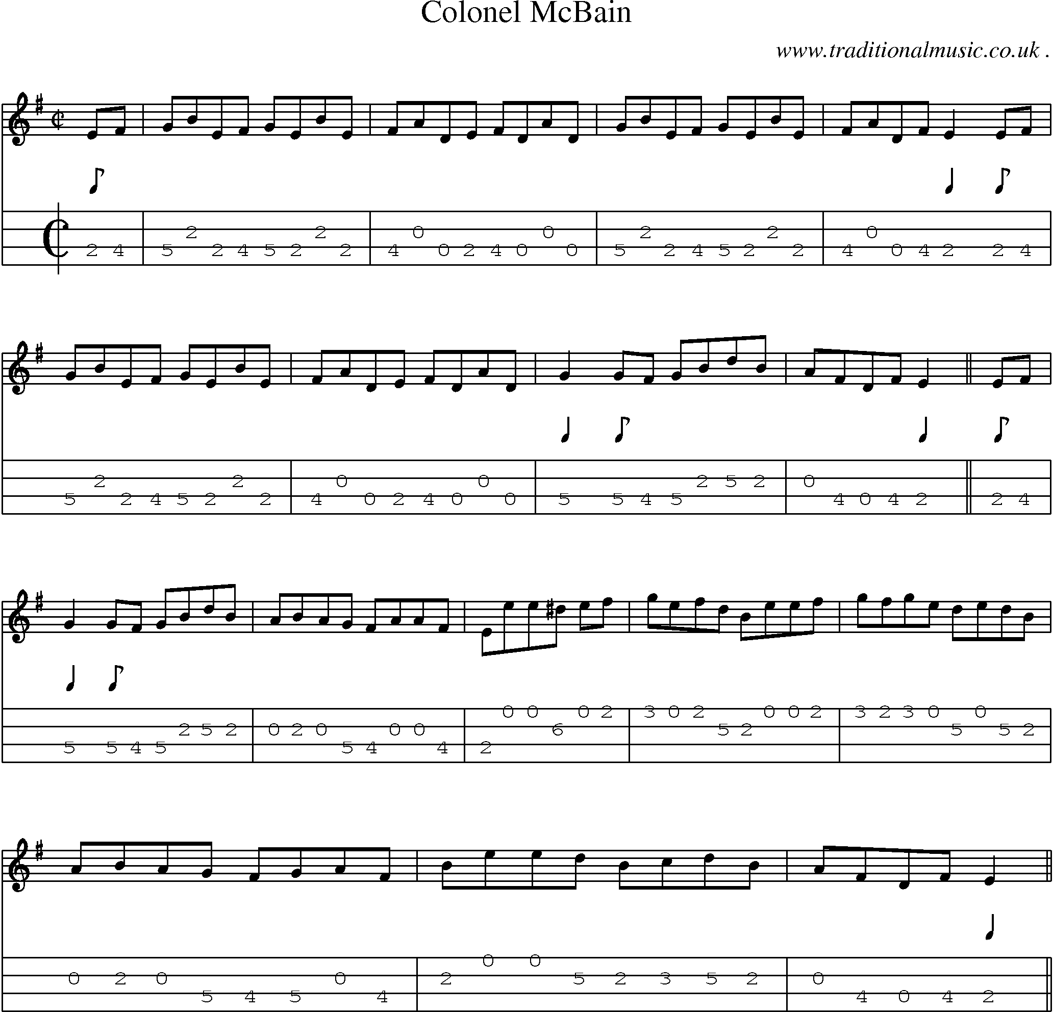 Sheet-music  score, Chords and Mandolin Tabs for Colonel Mcbain