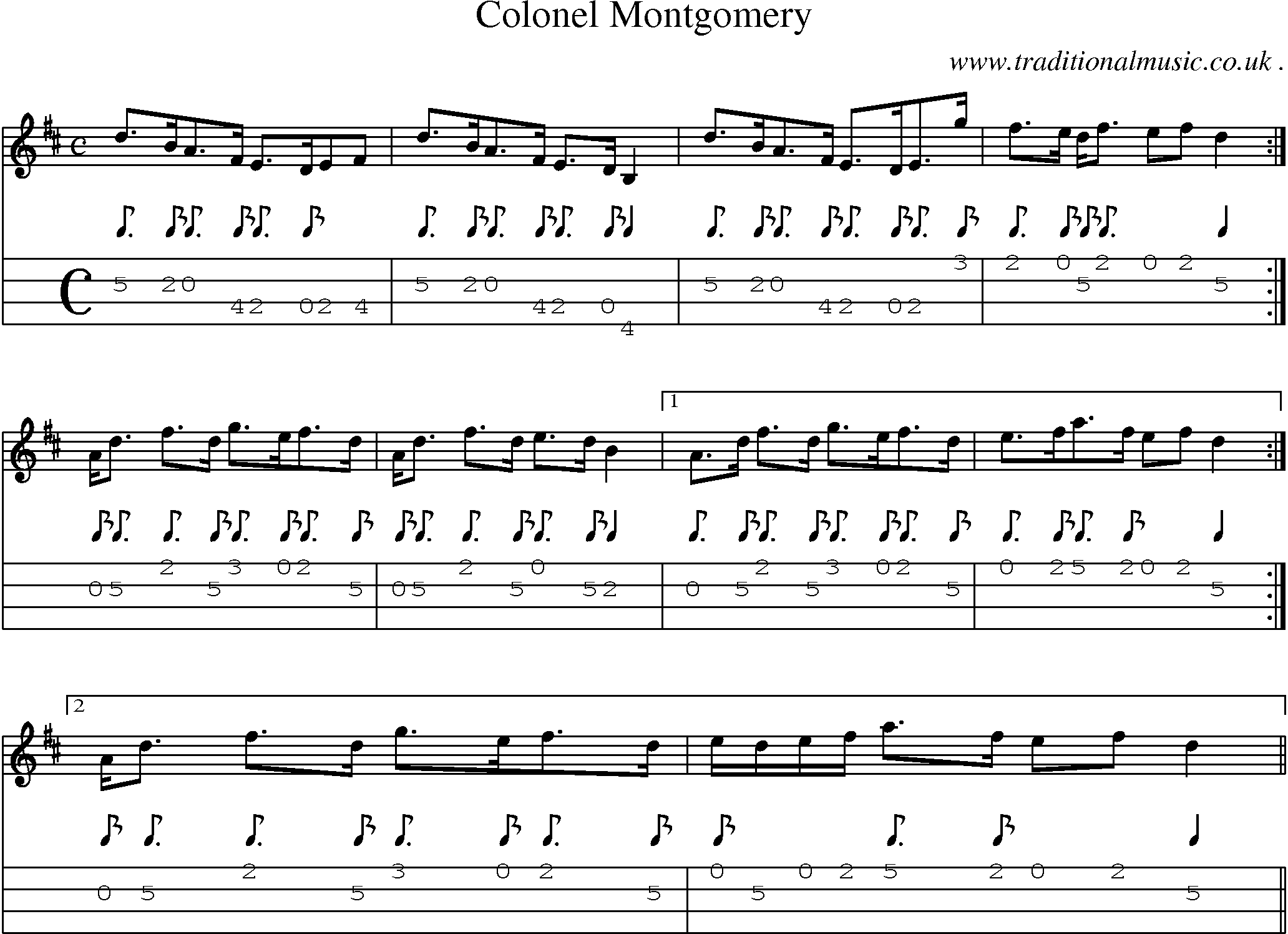 Sheet-music  score, Chords and Mandolin Tabs for Colonel Montgomery
