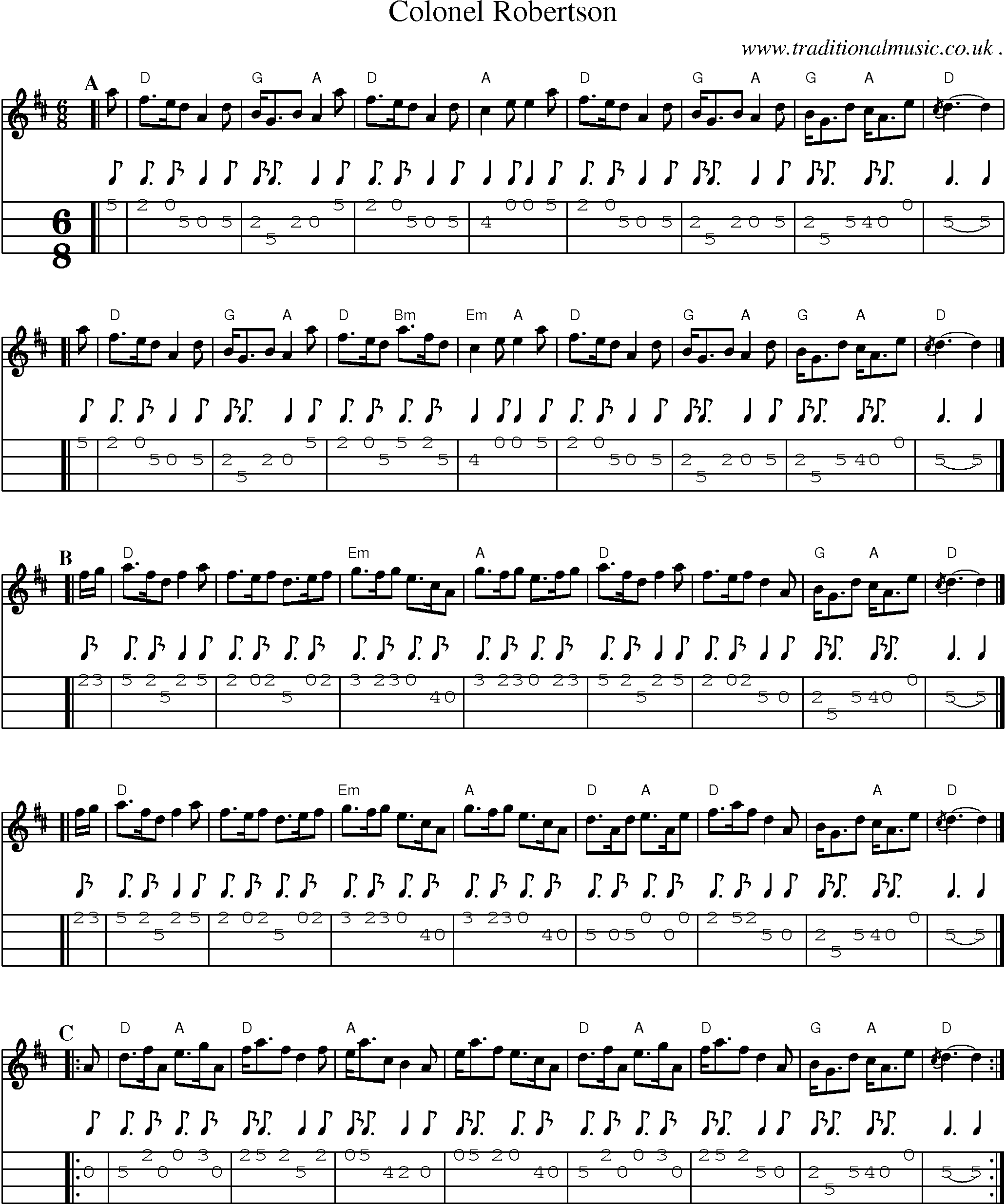 Sheet-music  score, Chords and Mandolin Tabs for Colonel Robertson