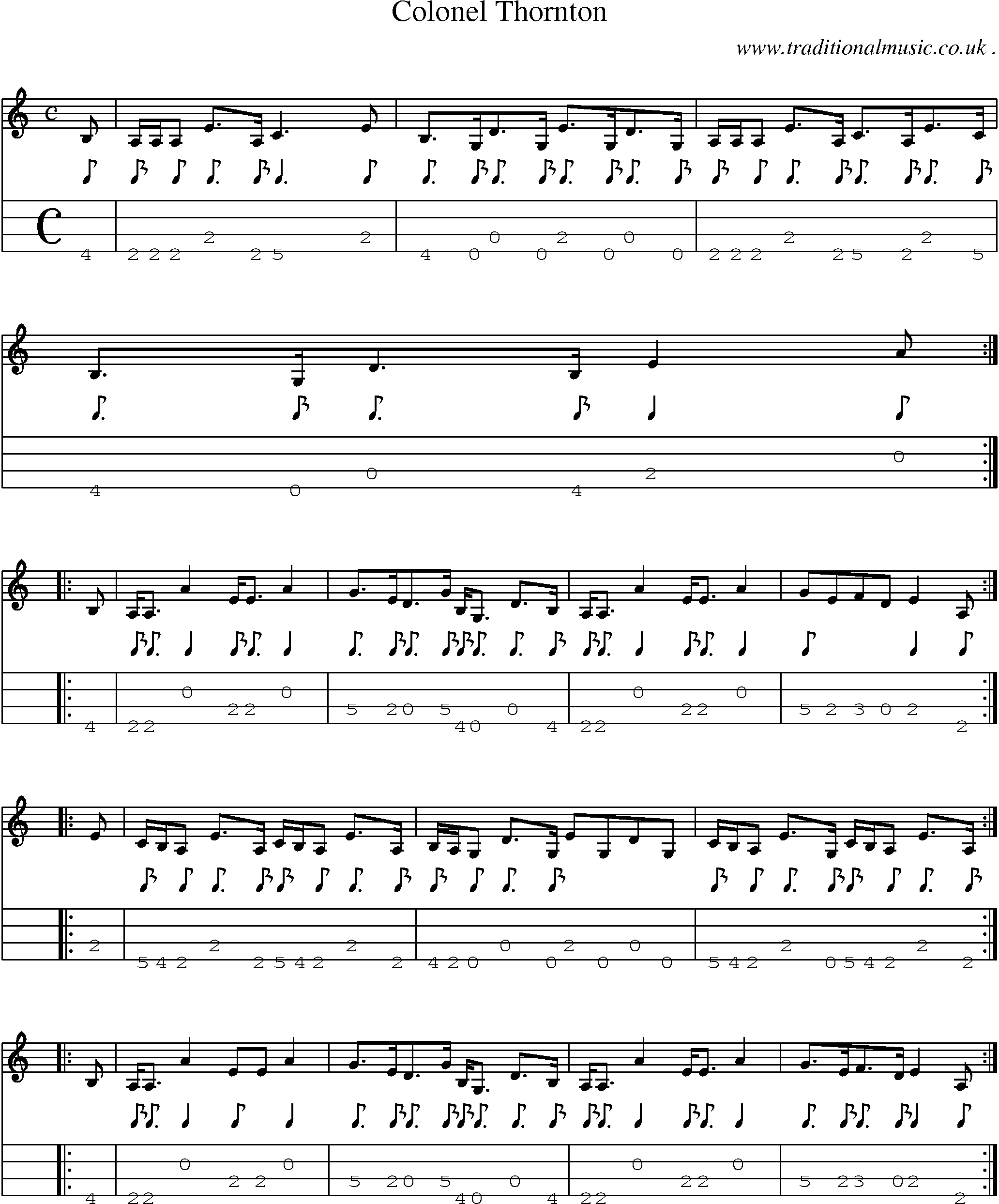 Sheet-music  score, Chords and Mandolin Tabs for Colonel Thornton