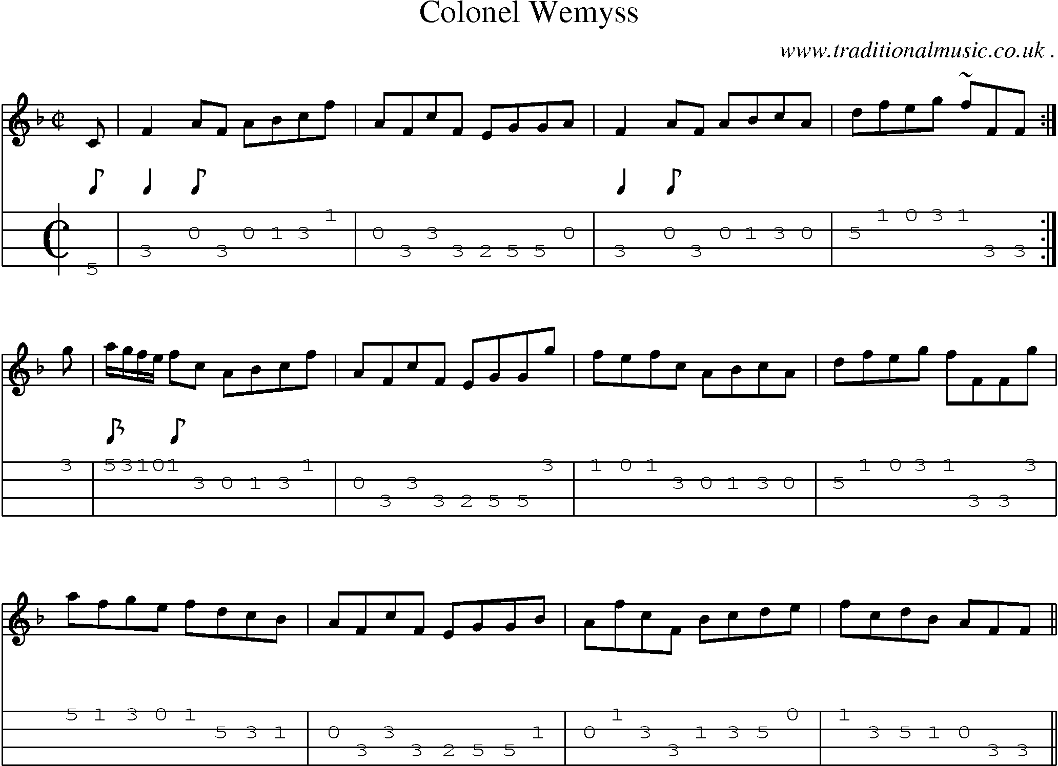Sheet-music  score, Chords and Mandolin Tabs for Colonel Wemyss