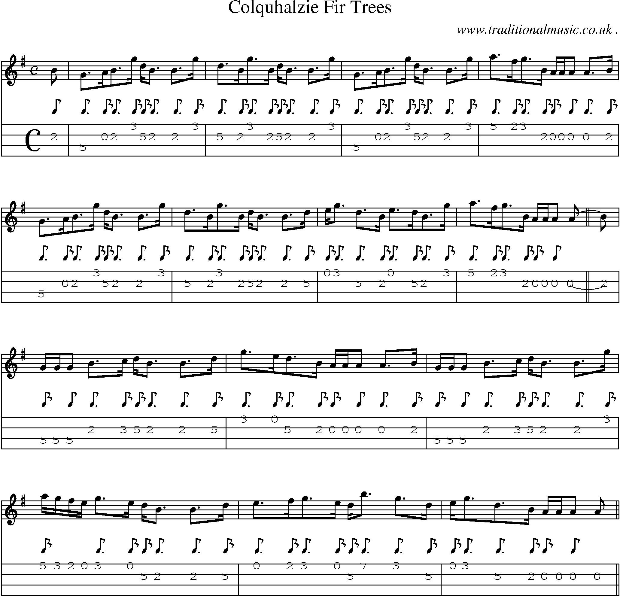 Sheet-music  score, Chords and Mandolin Tabs for Colquhalzie Fir Trees
