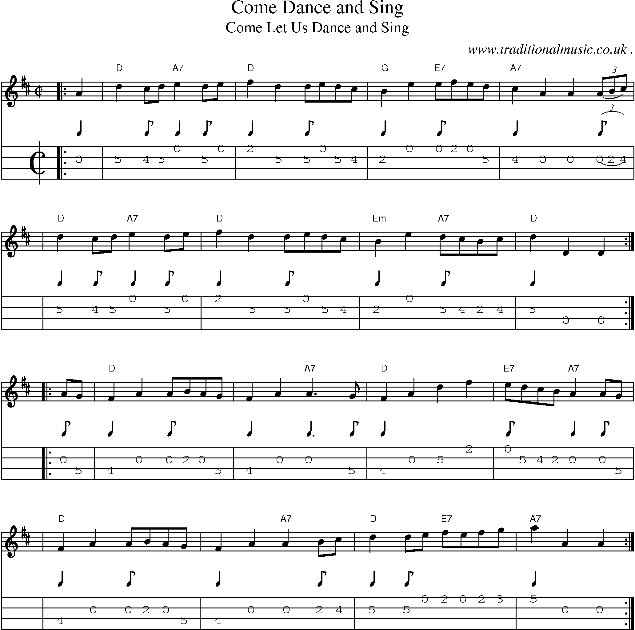 Sheet-music  score, Chords and Mandolin Tabs for Come Dance And Sing