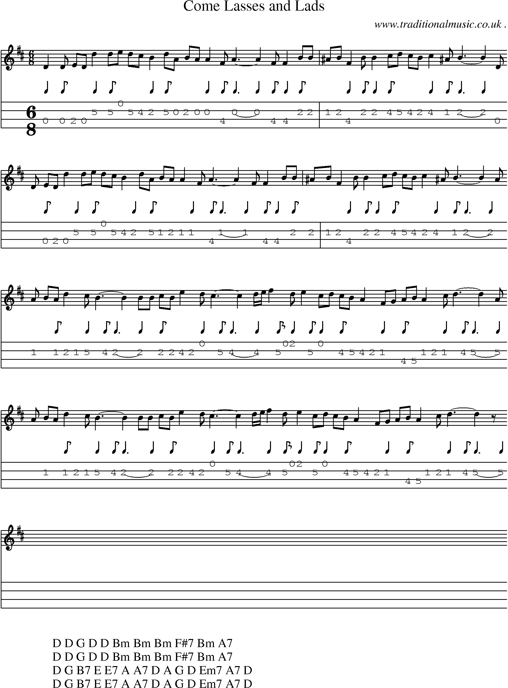 Sheet-music  score, Chords and Mandolin Tabs for Come Lasses And Lads
