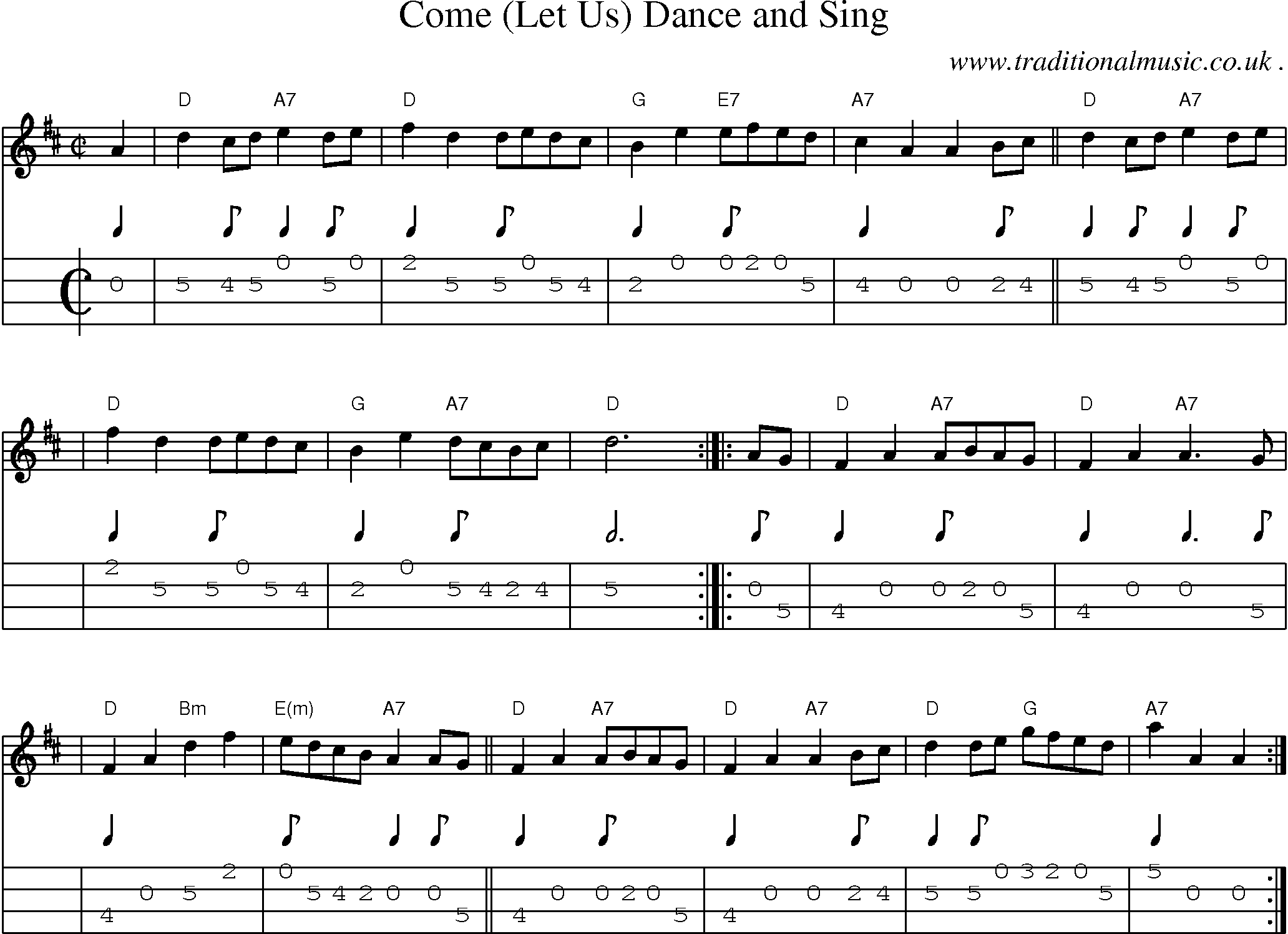 Sheet-music  score, Chords and Mandolin Tabs for Come Let Us Dance And Sing