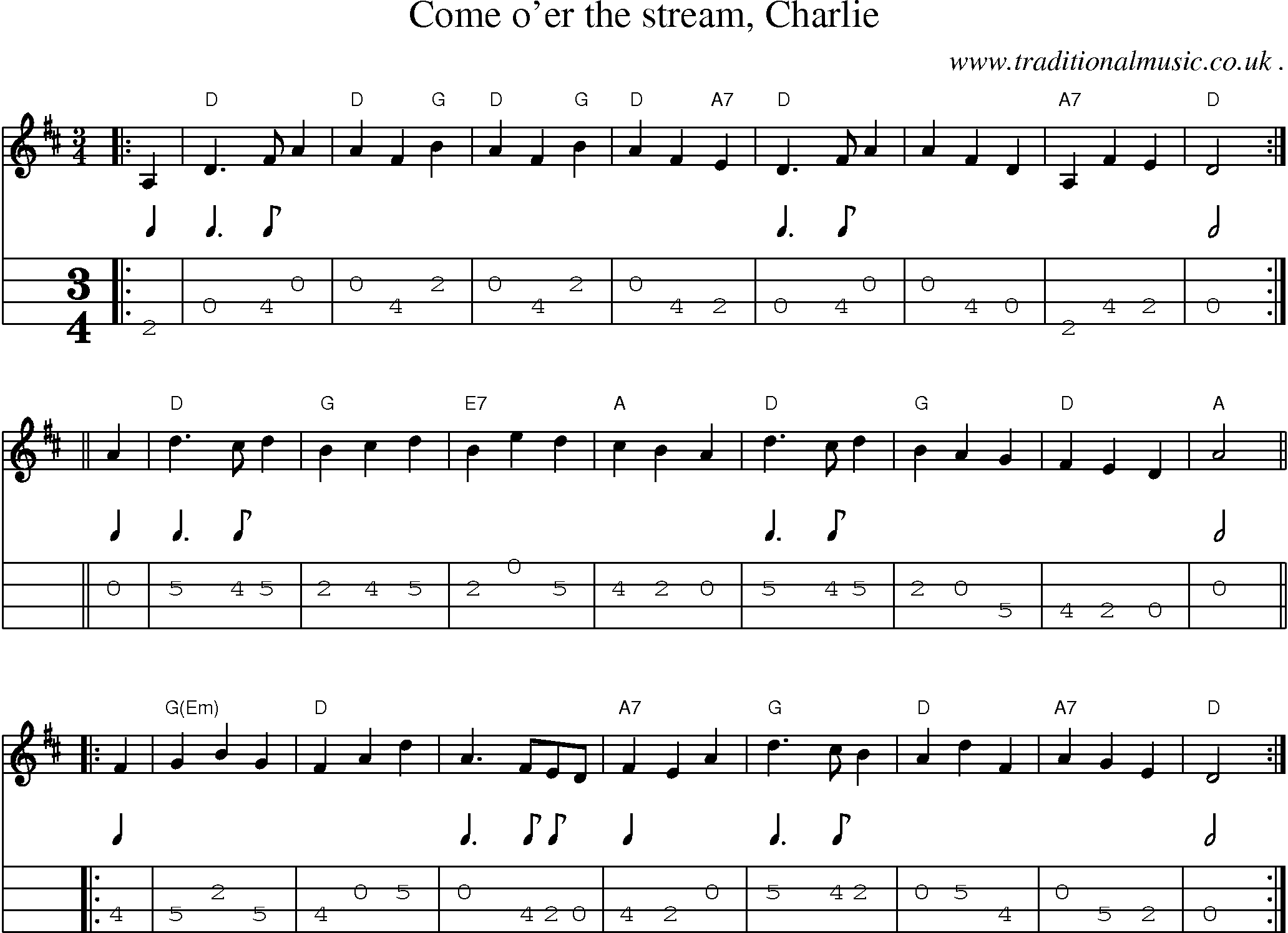 Sheet-music  score, Chords and Mandolin Tabs for Come Oer The Stream Charlie