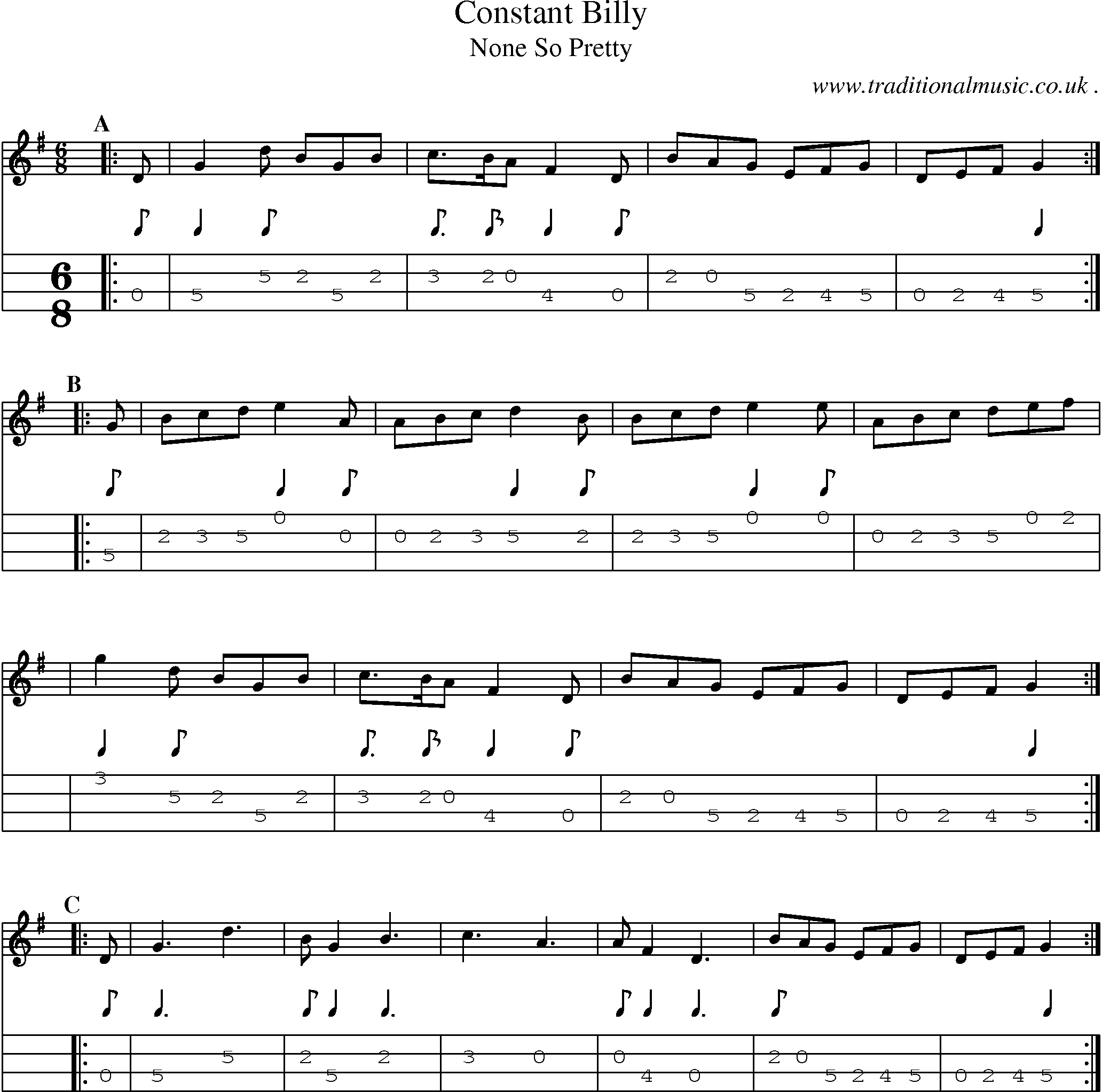 Sheet-music  score, Chords and Mandolin Tabs for Constant Billy
