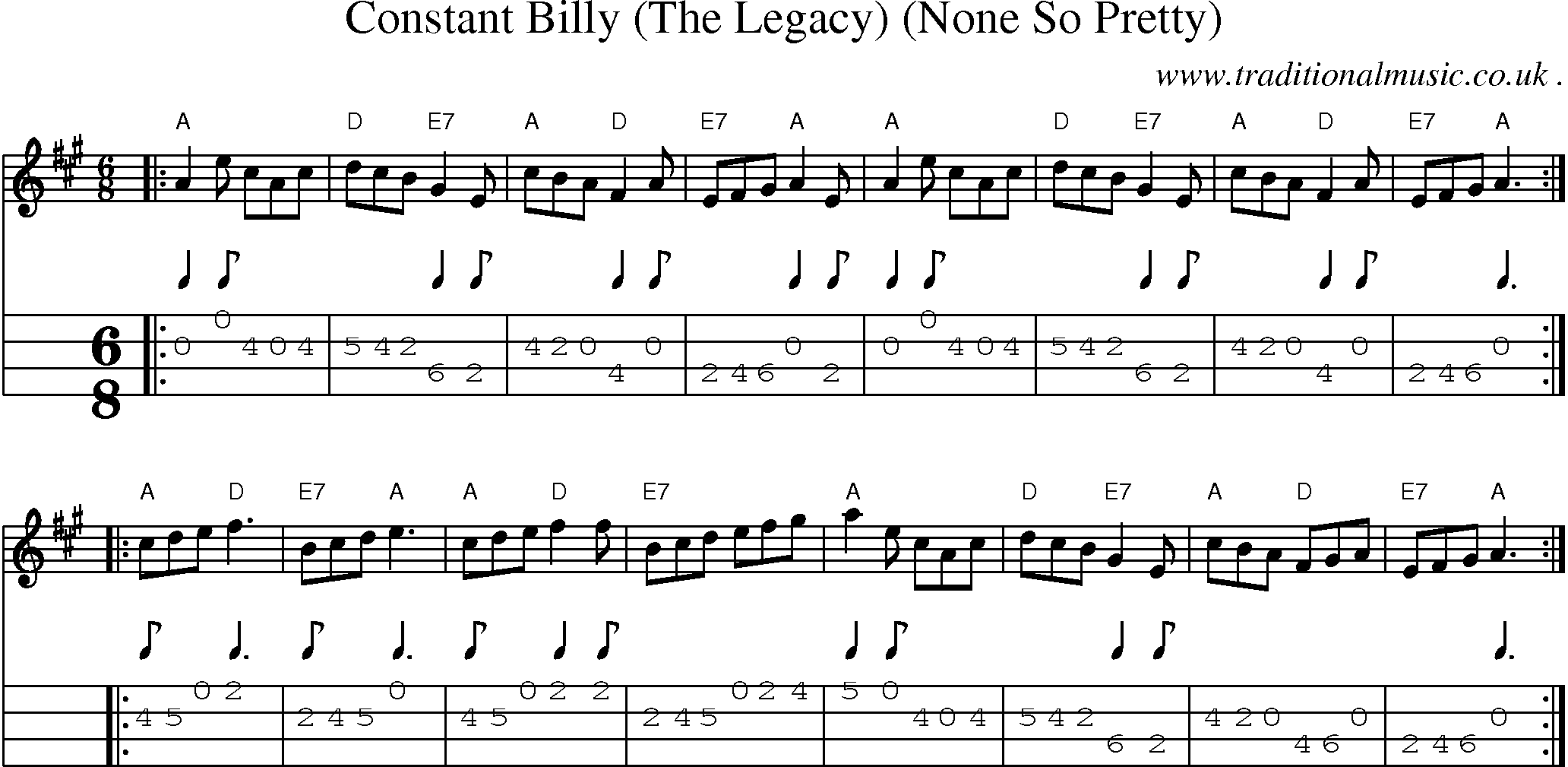 Sheet-music  score, Chords and Mandolin Tabs for Constant Billy The Legacy None So Pretty