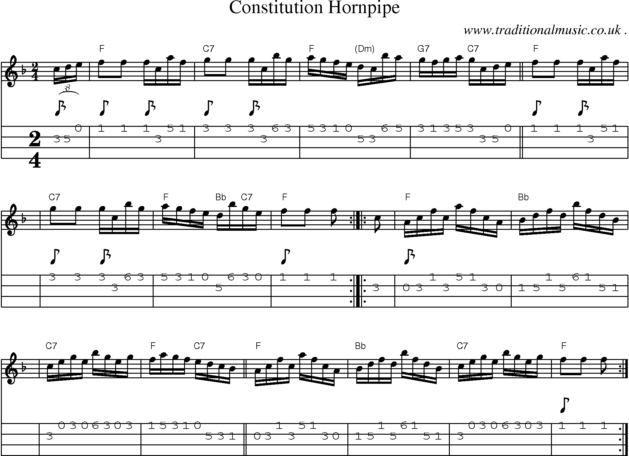 Sheet-music  score, Chords and Mandolin Tabs for Constitution Hornpipe