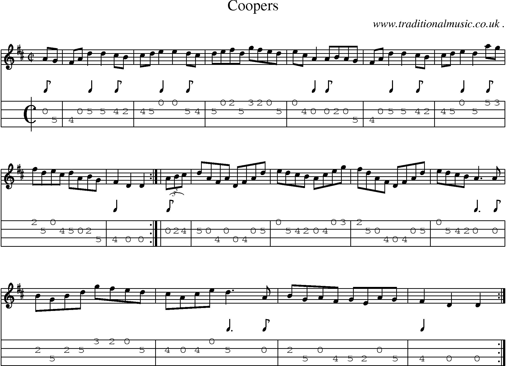 Sheet-music  score, Chords and Mandolin Tabs for Coopers
