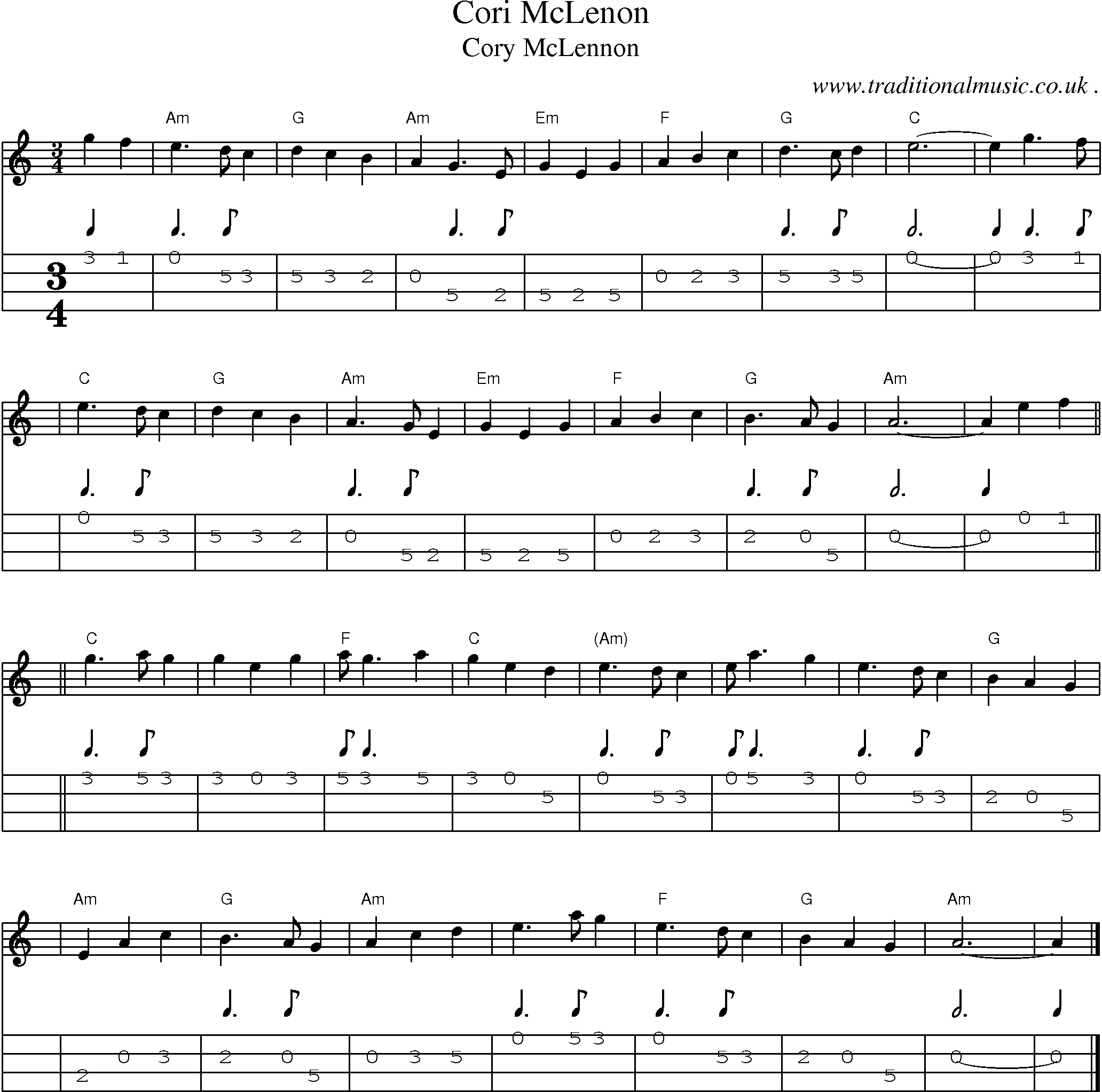Sheet-music  score, Chords and Mandolin Tabs for Cori Mclenon
