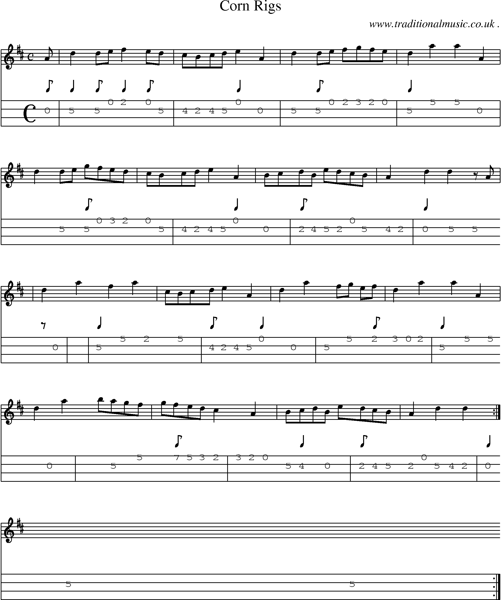 Sheet-music  score, Chords and Mandolin Tabs for Corn Rigs