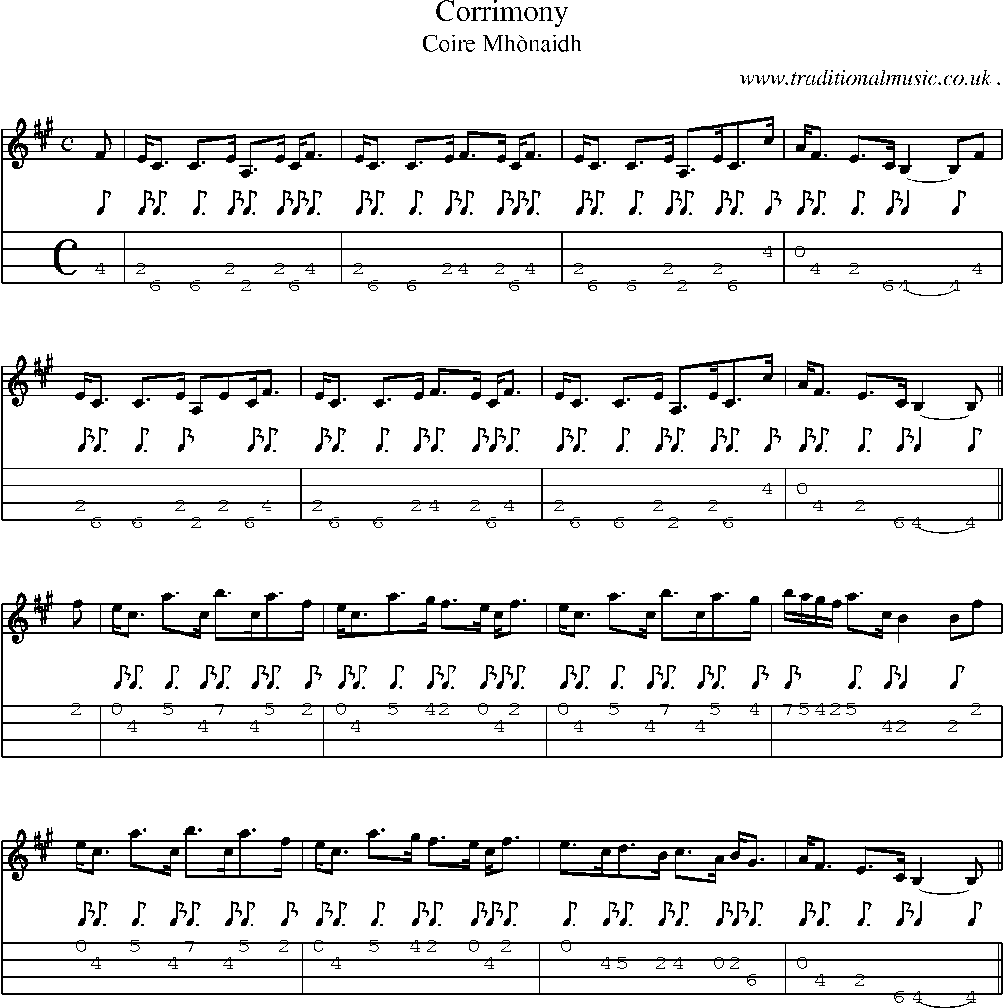 Sheet-music  score, Chords and Mandolin Tabs for Corrimony