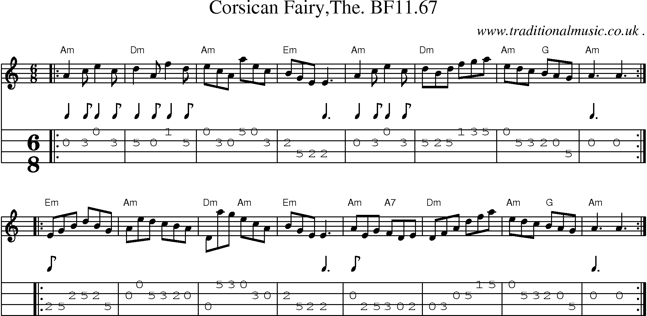 Sheet-music  score, Chords and Mandolin Tabs for Corsican Fairythe Bf1167