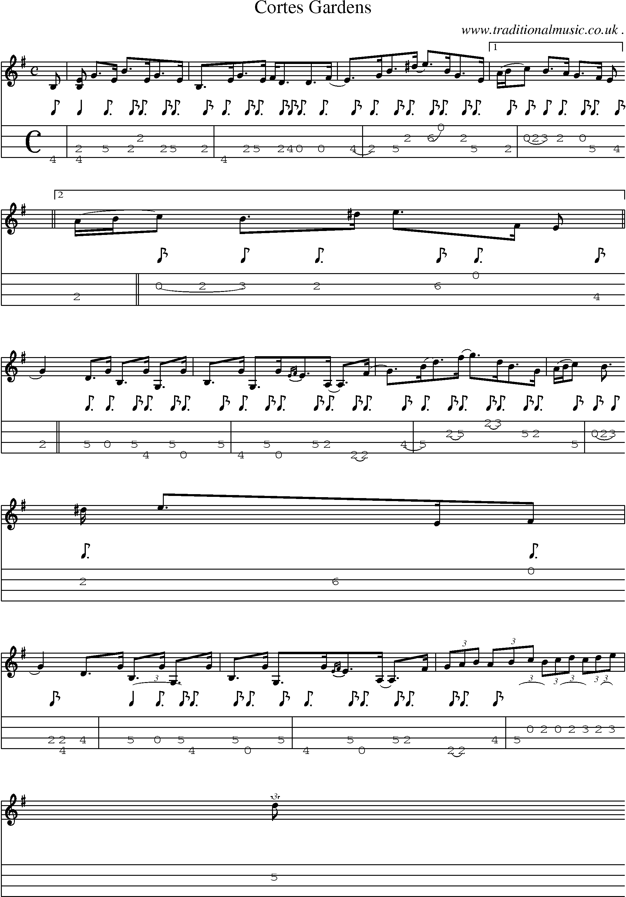 Sheet-music  score, Chords and Mandolin Tabs for Cortes Gardens
