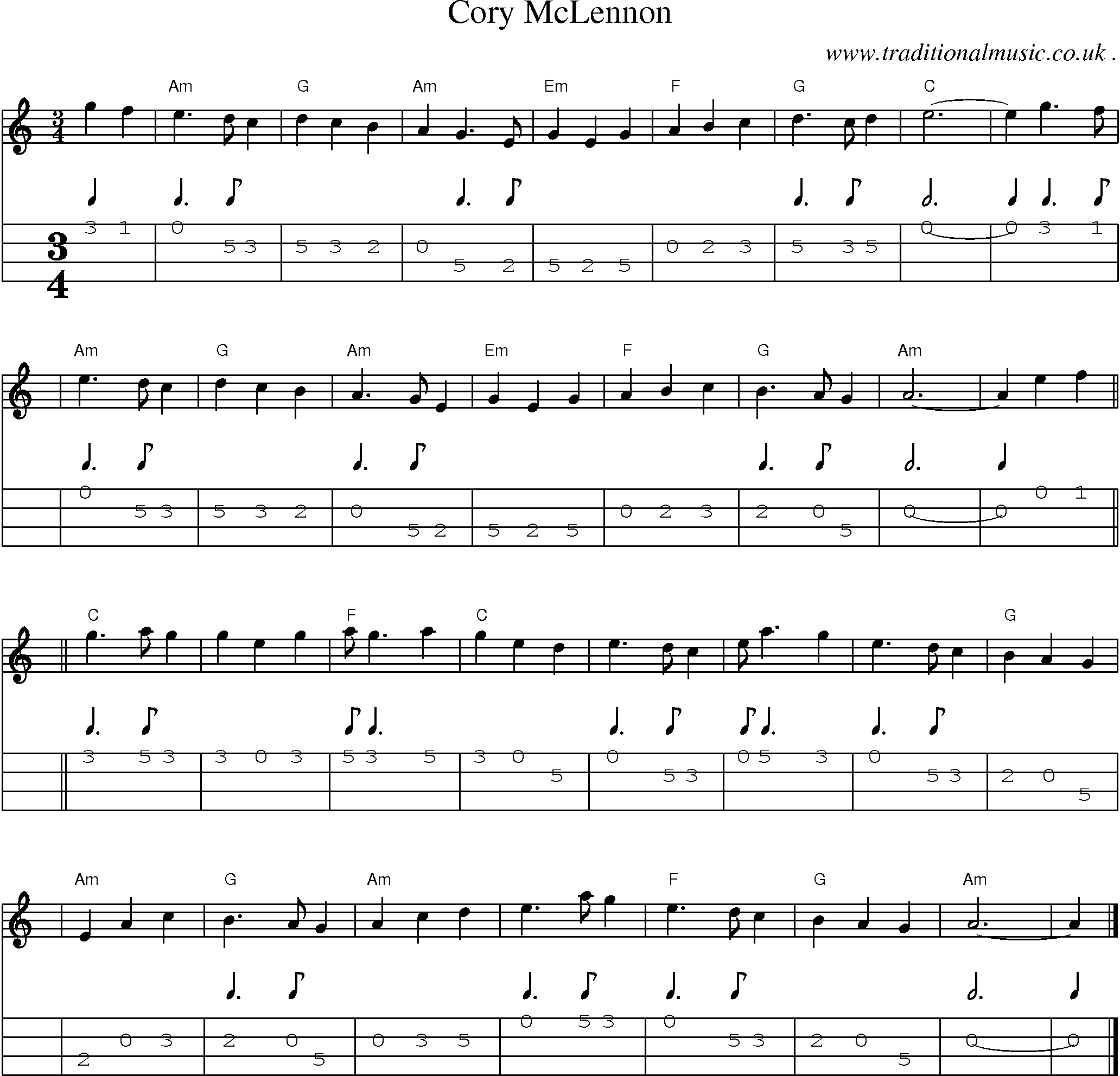 Sheet-music  score, Chords and Mandolin Tabs for Cory Mclennon