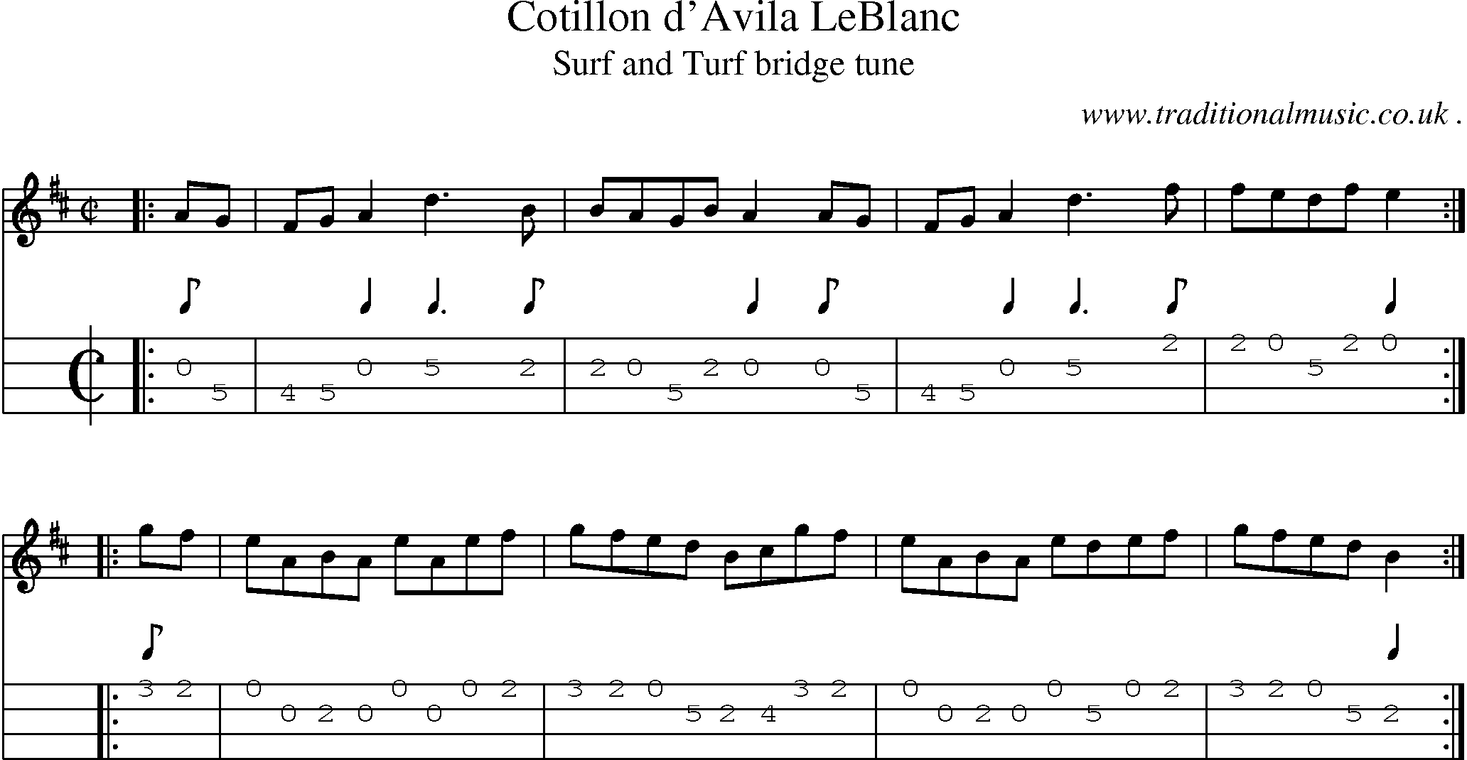 Sheet-music  score, Chords and Mandolin Tabs for Cotillon Davila Leblanc