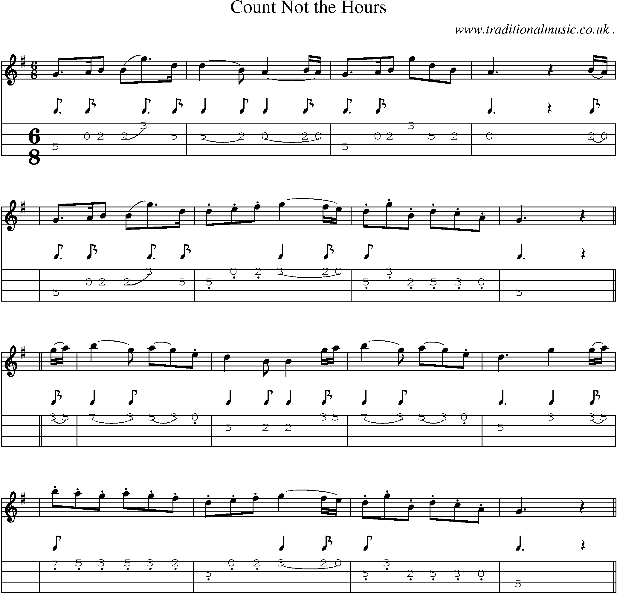 Sheet-music  score, Chords and Mandolin Tabs for Count Not The Hours
