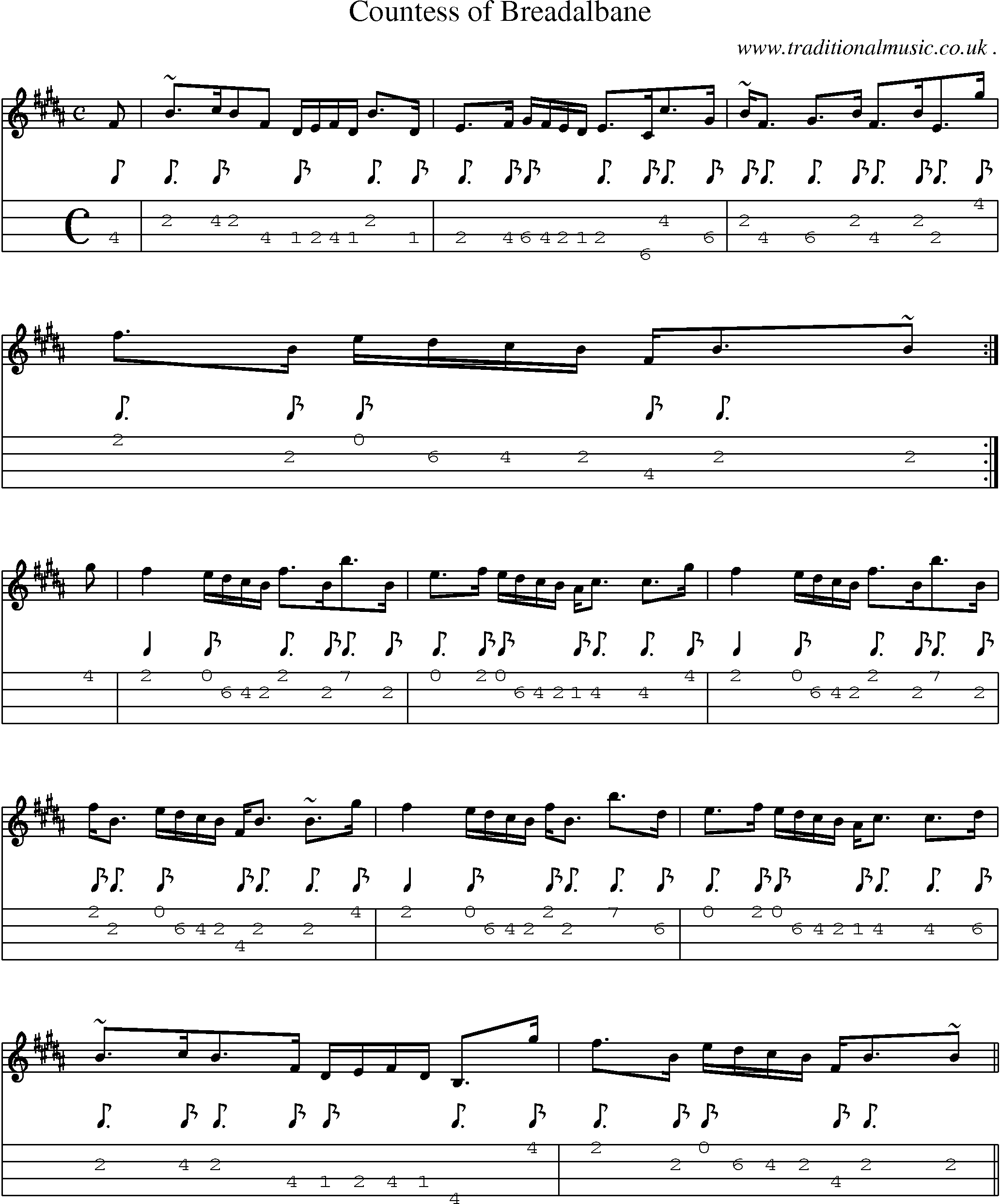 Sheet-music  score, Chords and Mandolin Tabs for Countess Of Breadalbane