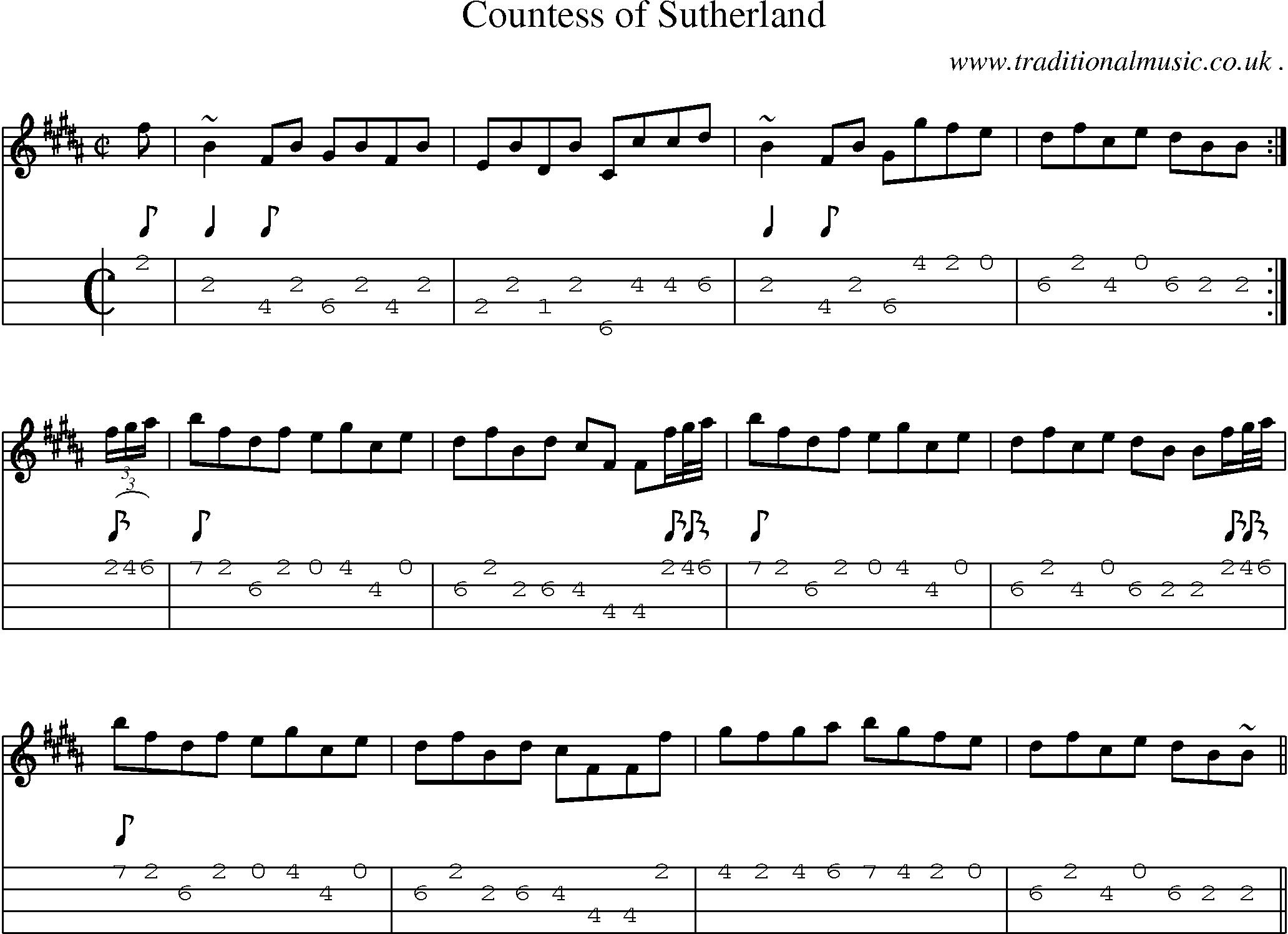 Sheet-music  score, Chords and Mandolin Tabs for Countess Of Sutherland
