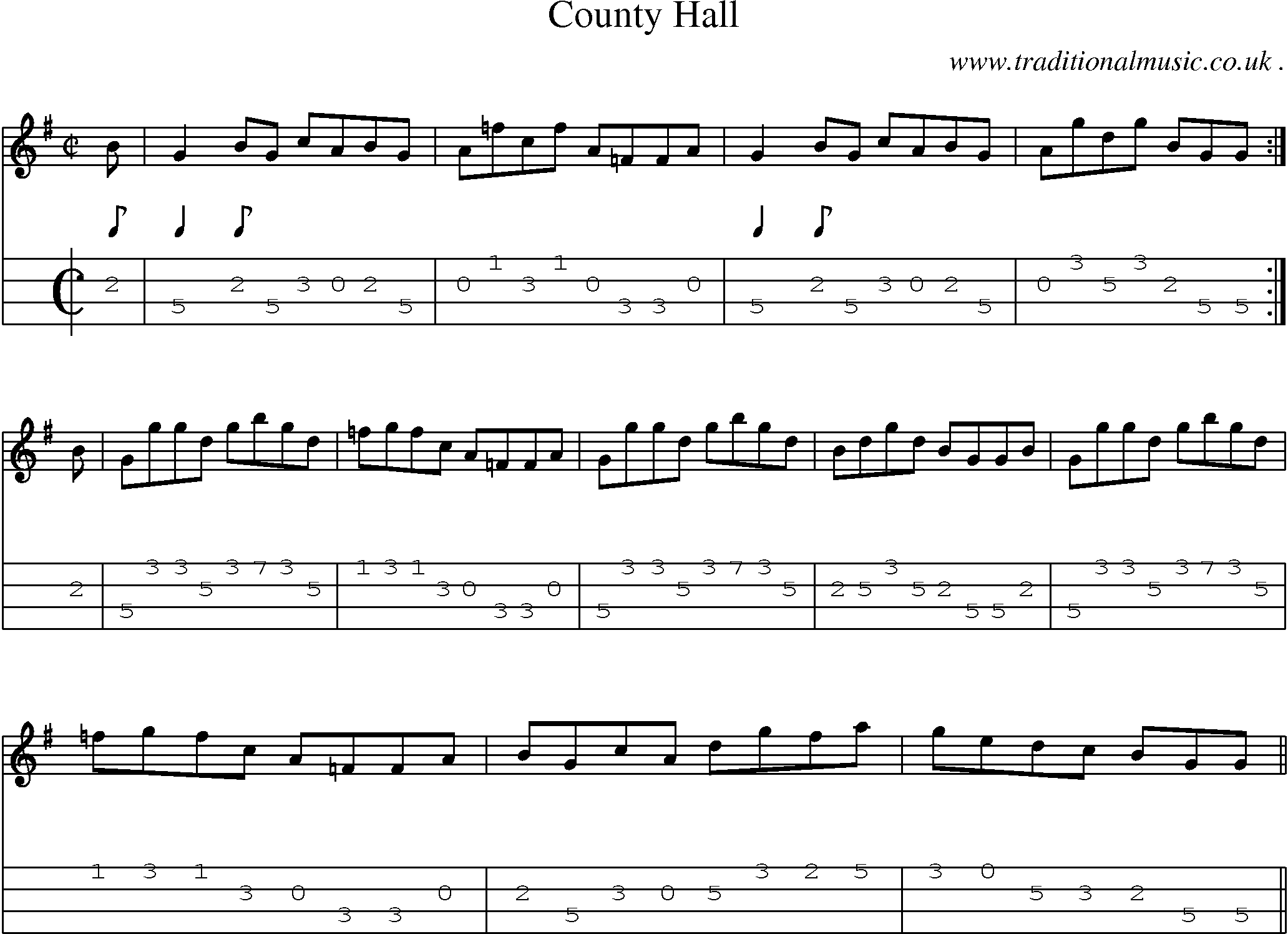 Sheet-music  score, Chords and Mandolin Tabs for County Hall