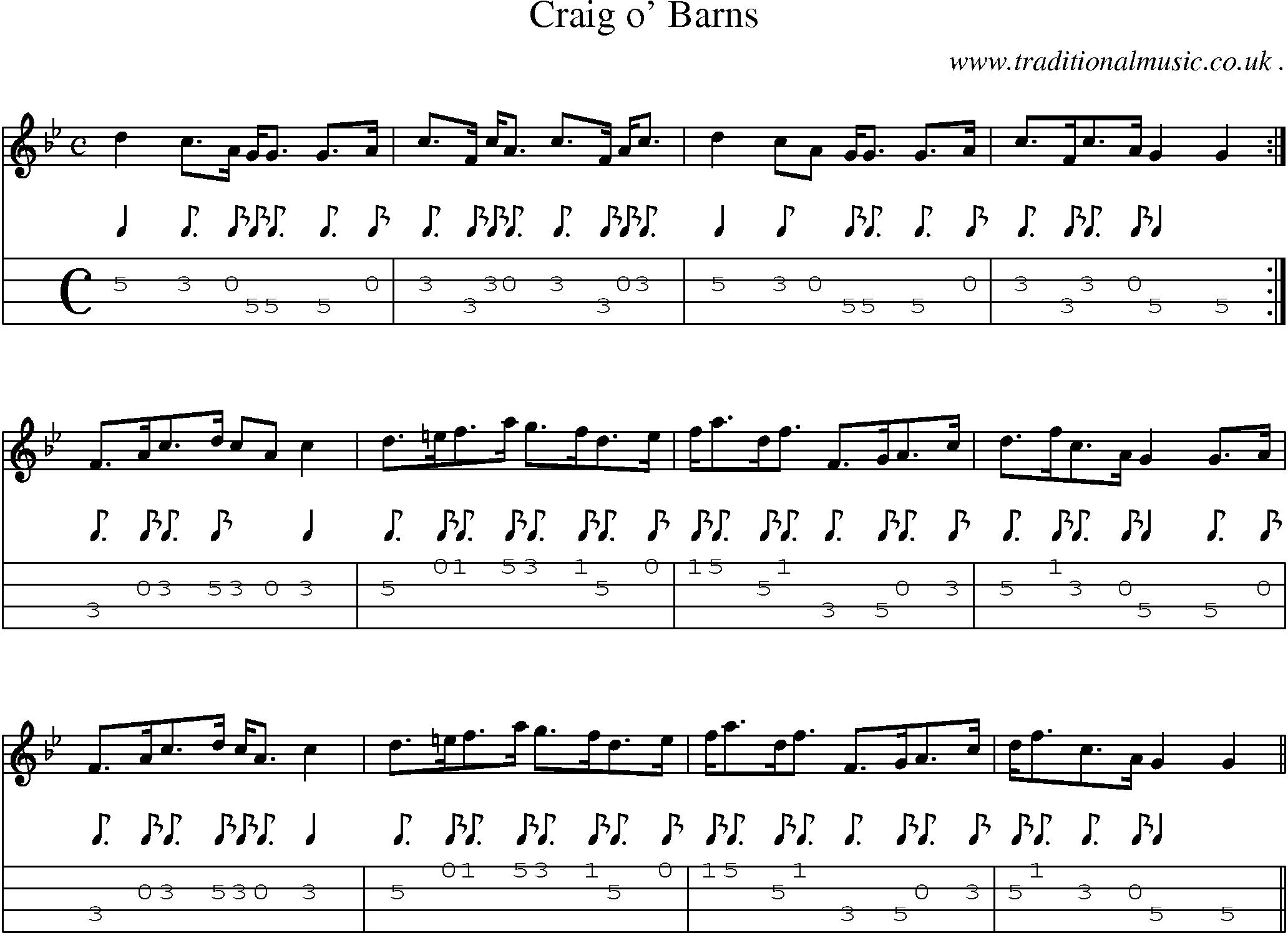 Sheet-music  score, Chords and Mandolin Tabs for Craig O Barns