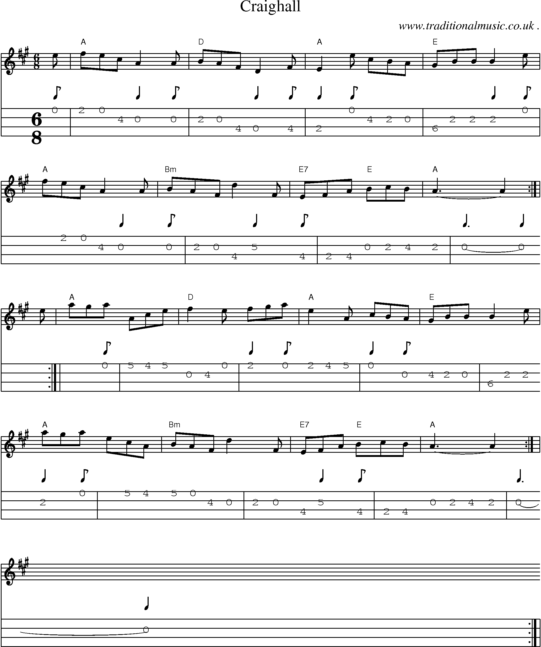 Sheet-music  score, Chords and Mandolin Tabs for Craighall