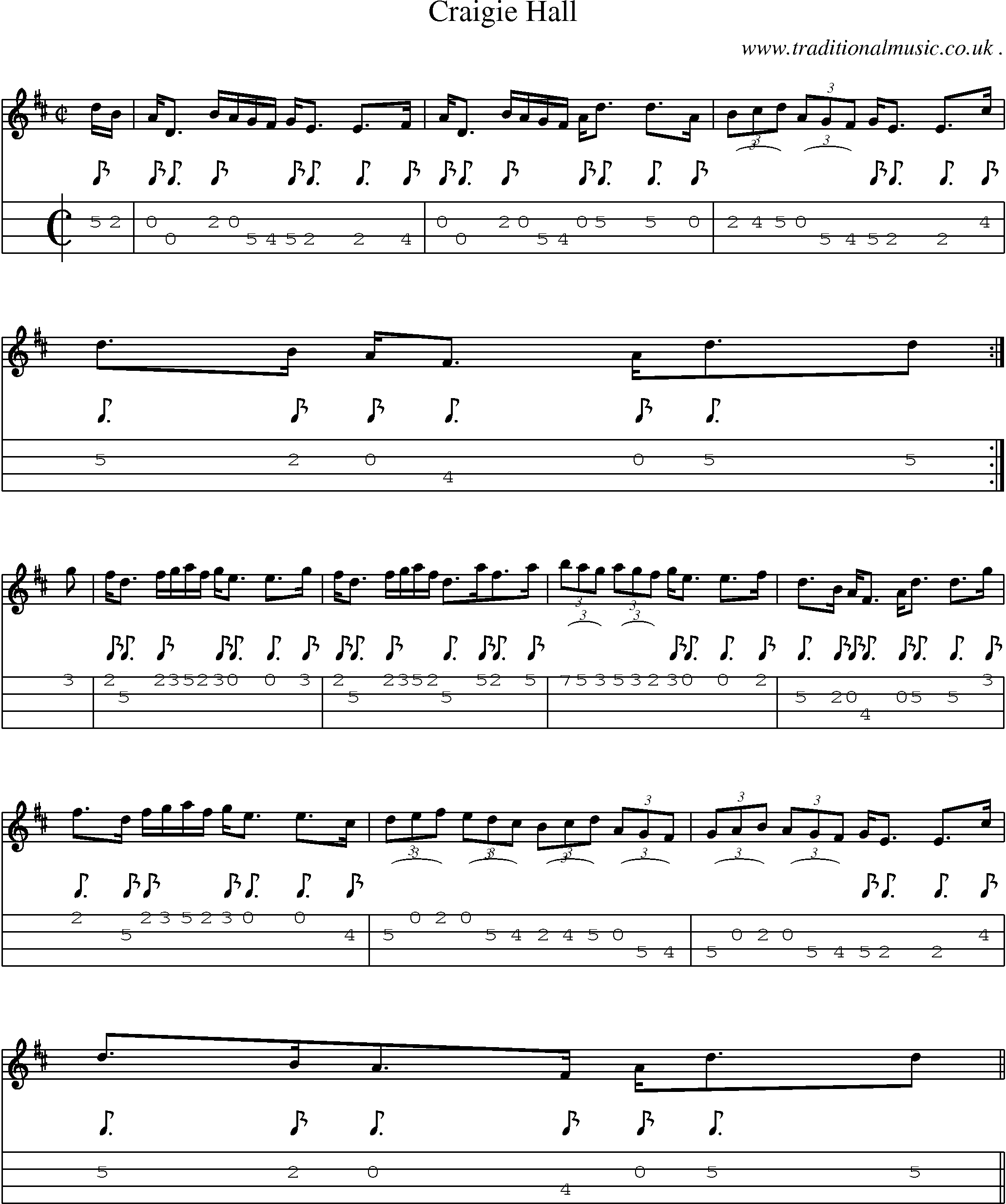 Sheet-music  score, Chords and Mandolin Tabs for Craigie Hall