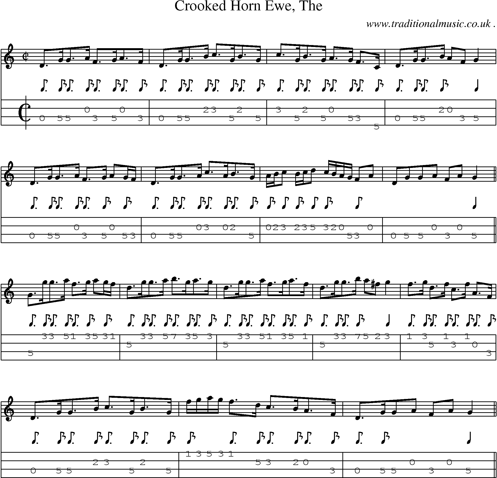 Sheet-music  score, Chords and Mandolin Tabs for Crooked Horn Ewe The