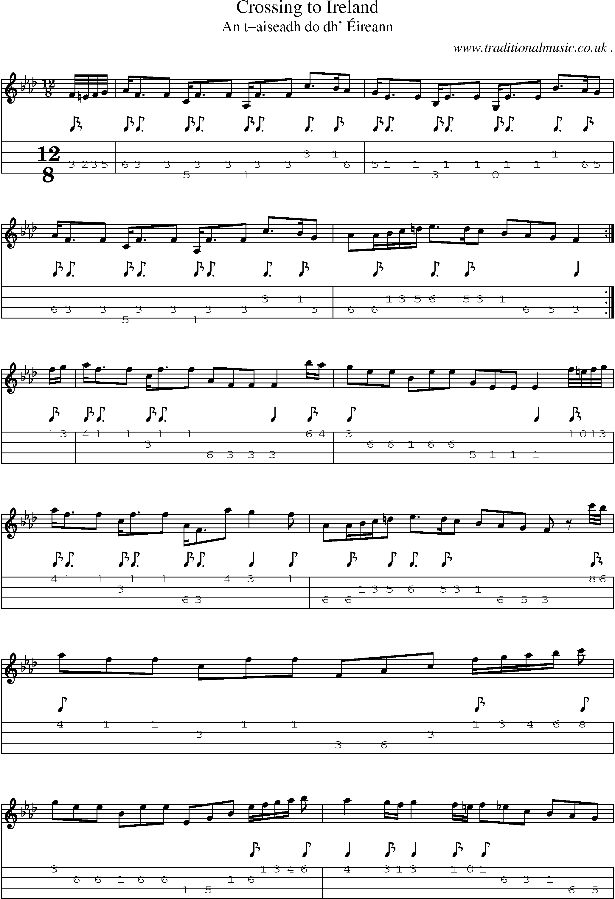 Sheet-music  score, Chords and Mandolin Tabs for Crossing To Ireland