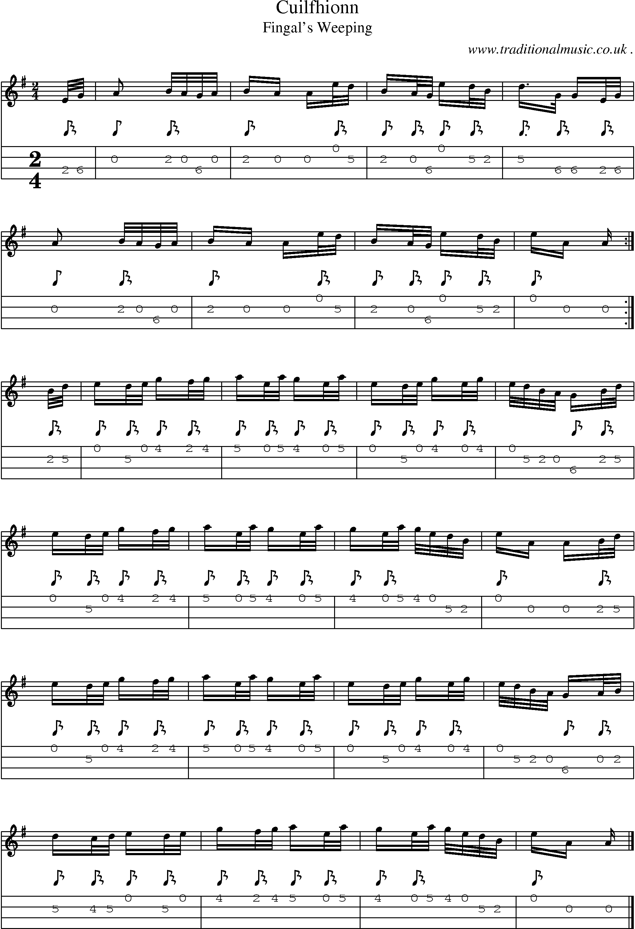 Sheet-music  score, Chords and Mandolin Tabs for Cuilfhionn