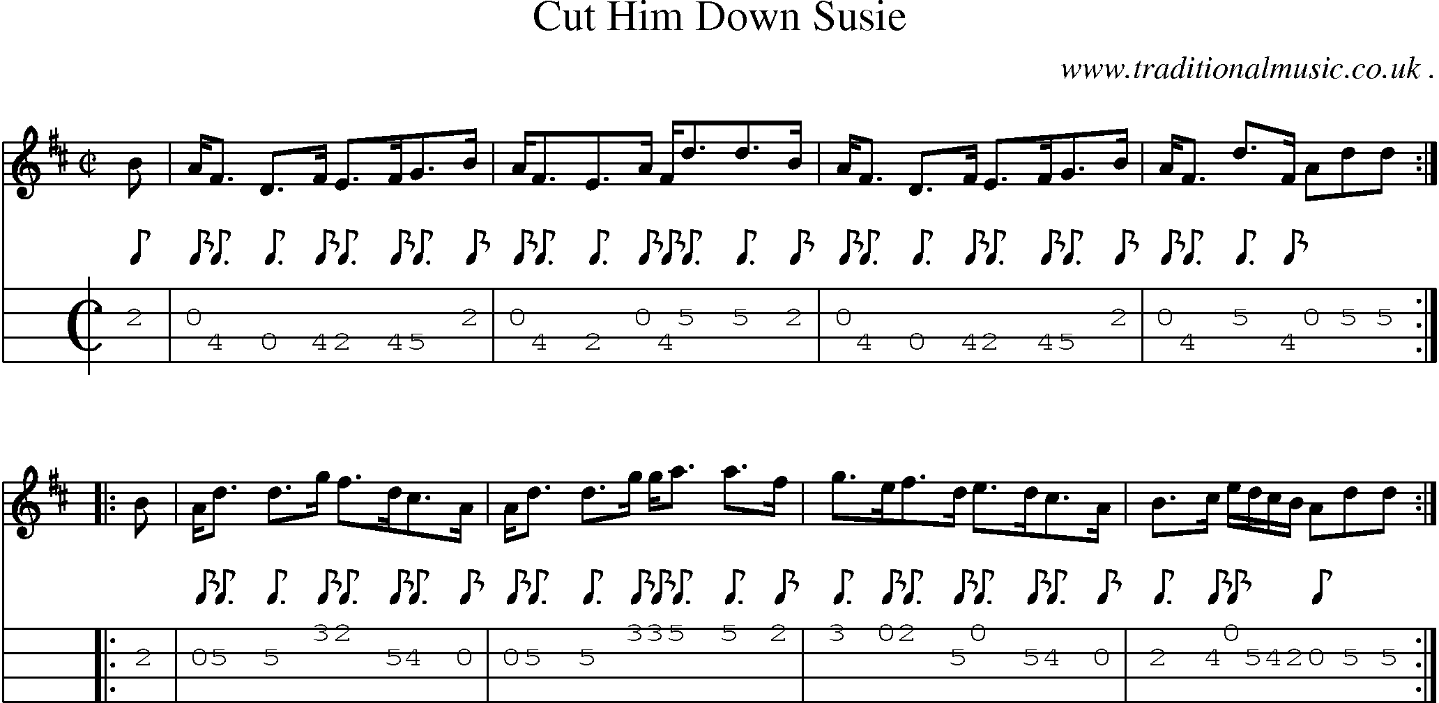 Sheet-music  score, Chords and Mandolin Tabs for Cut Him Down Susie