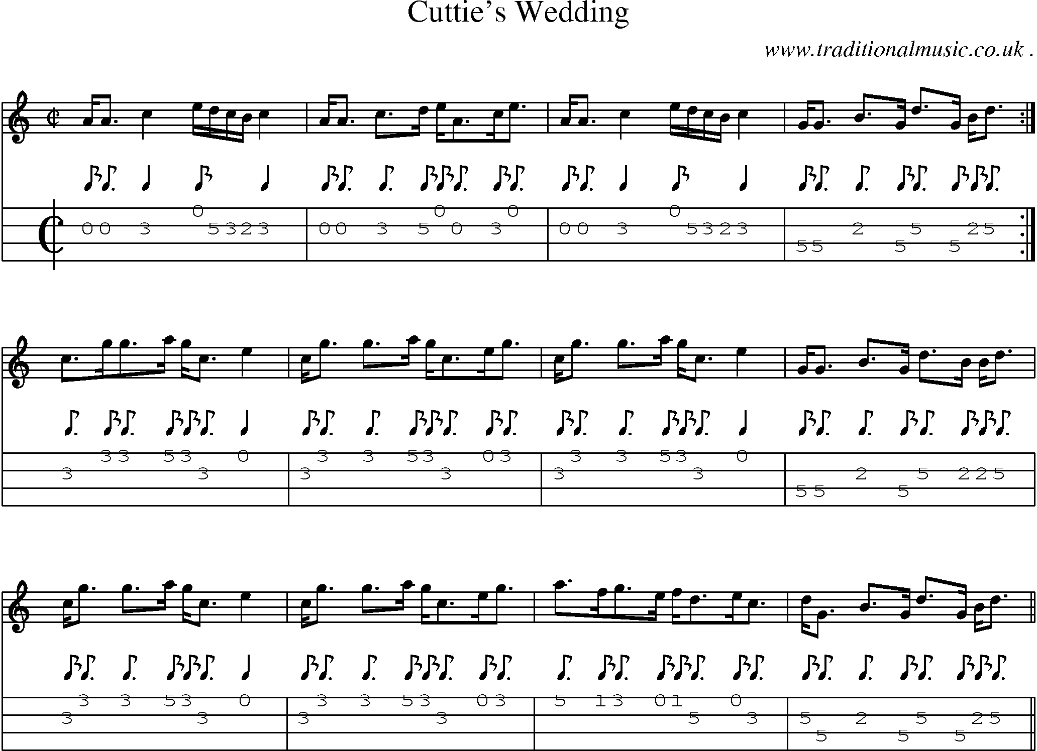 Sheet-music  score, Chords and Mandolin Tabs for Cutties Wedding