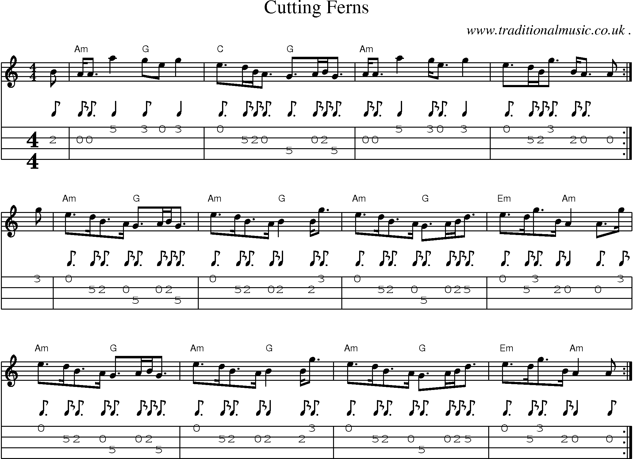 Sheet-music  score, Chords and Mandolin Tabs for Cutting Ferns