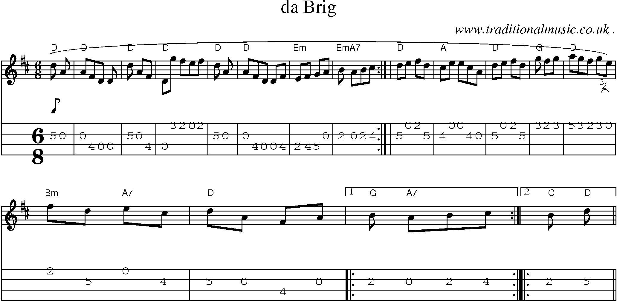 Sheet-music  score, Chords and Mandolin Tabs for Da Brig