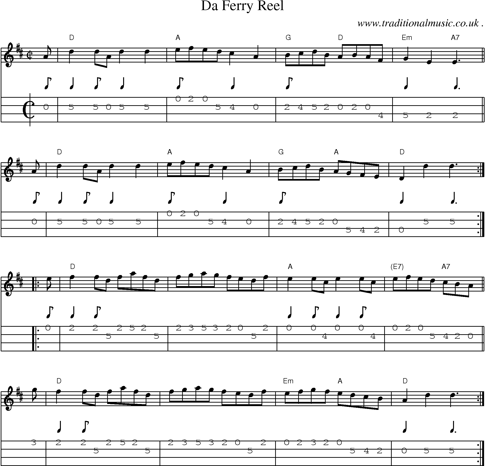 Sheet-music  score, Chords and Mandolin Tabs for Da Ferry Reel