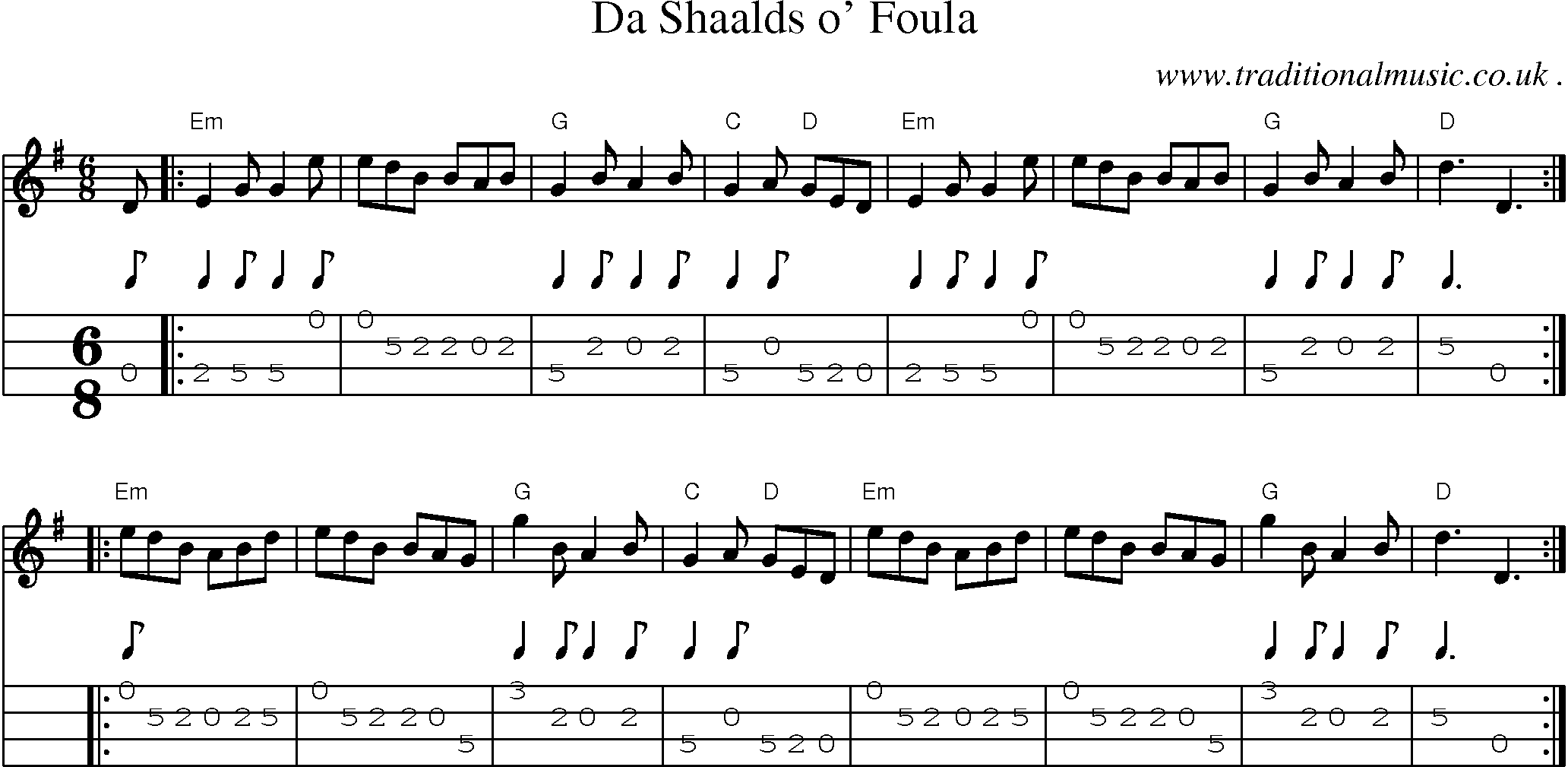 Sheet-music  score, Chords and Mandolin Tabs for Da Shaalds O Foula