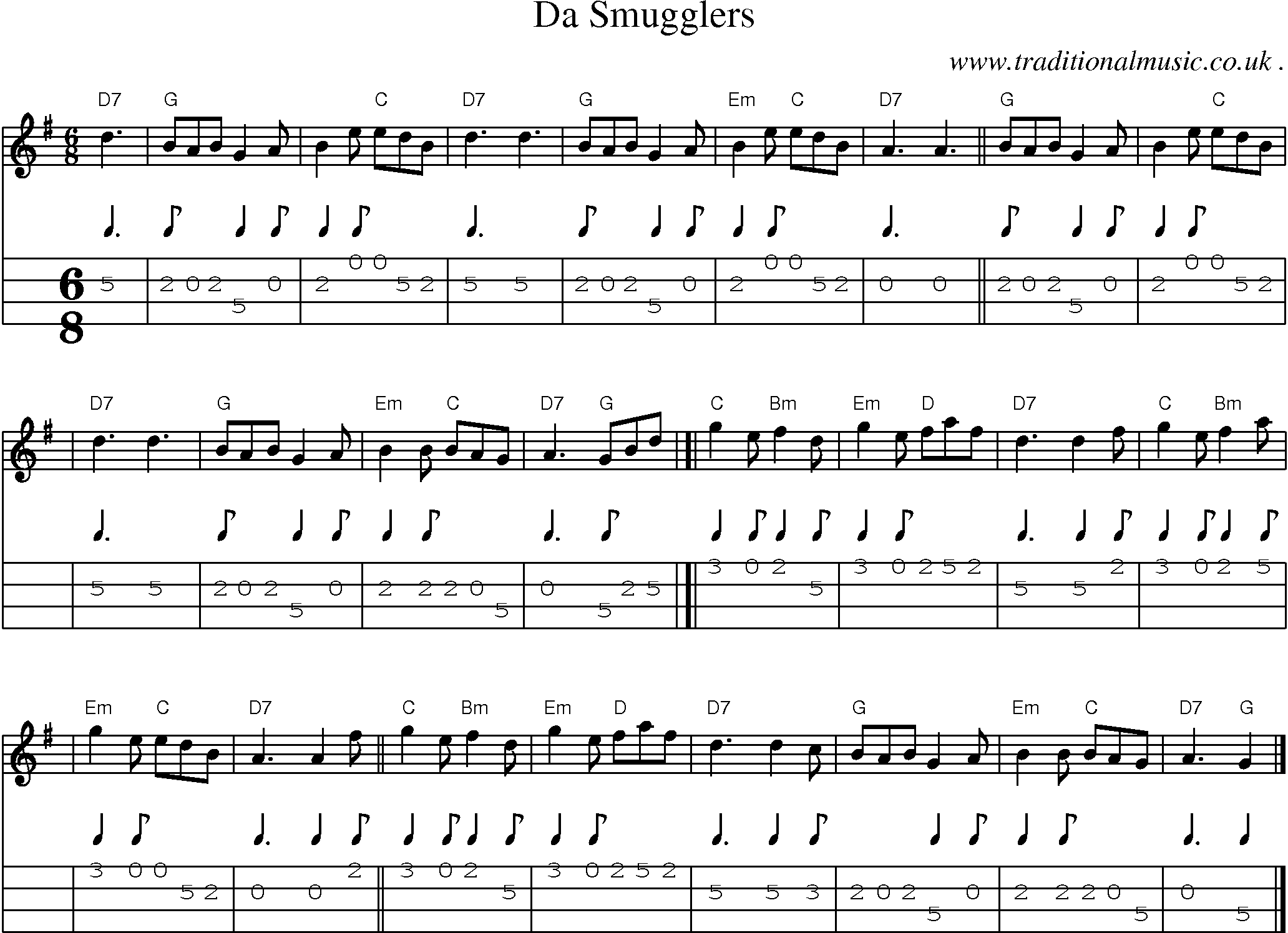 Sheet-music  score, Chords and Mandolin Tabs for Da Smugglers