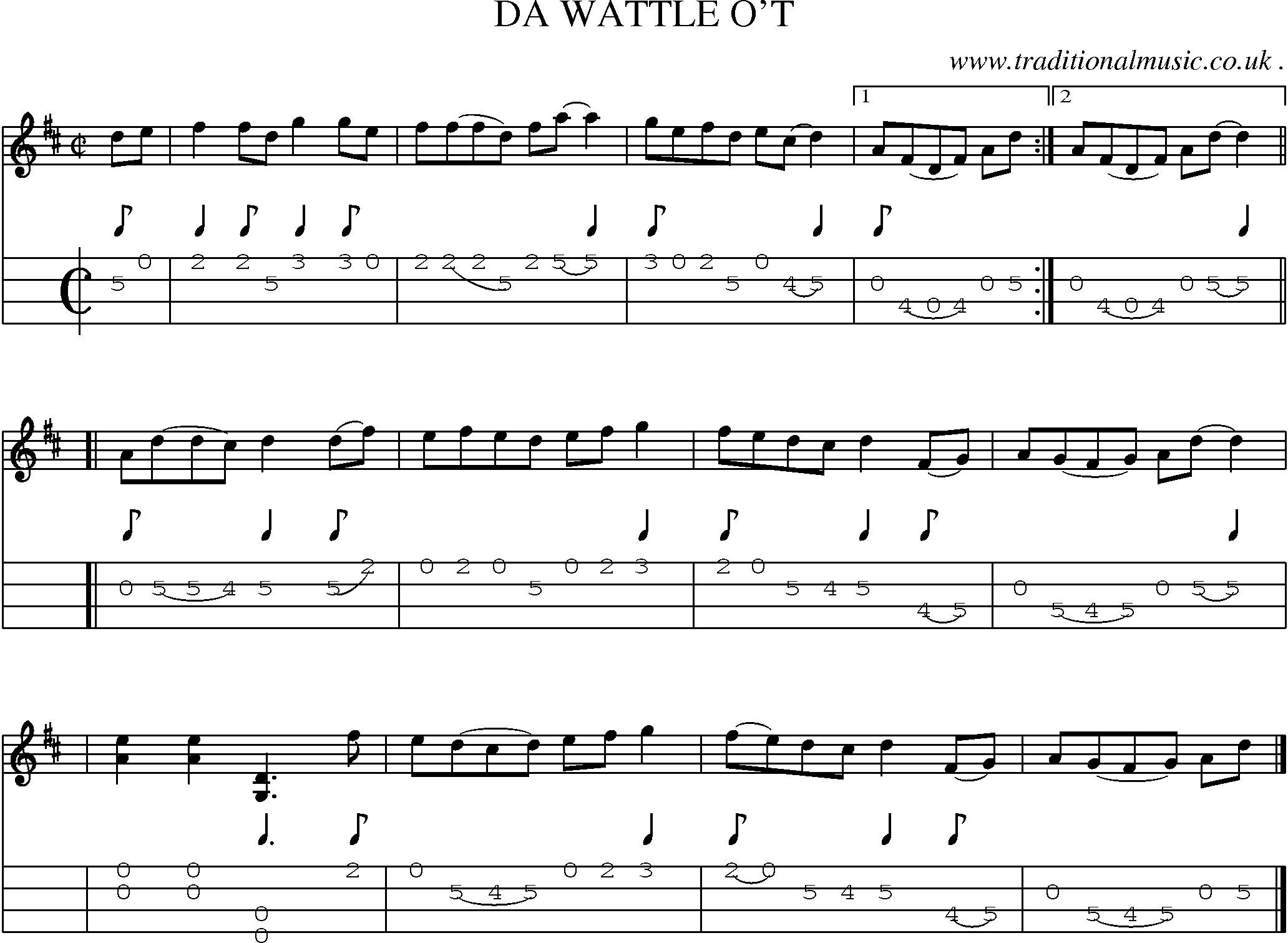 Sheet-music  score, Chords and Mandolin Tabs for Da Wattle Ot