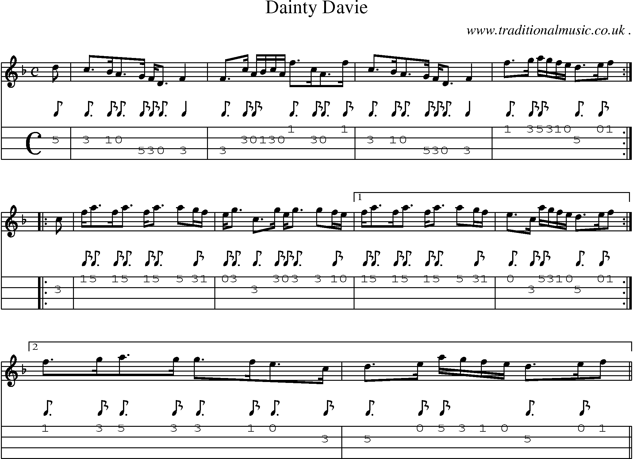 Sheet-music  score, Chords and Mandolin Tabs for Dainty Davie