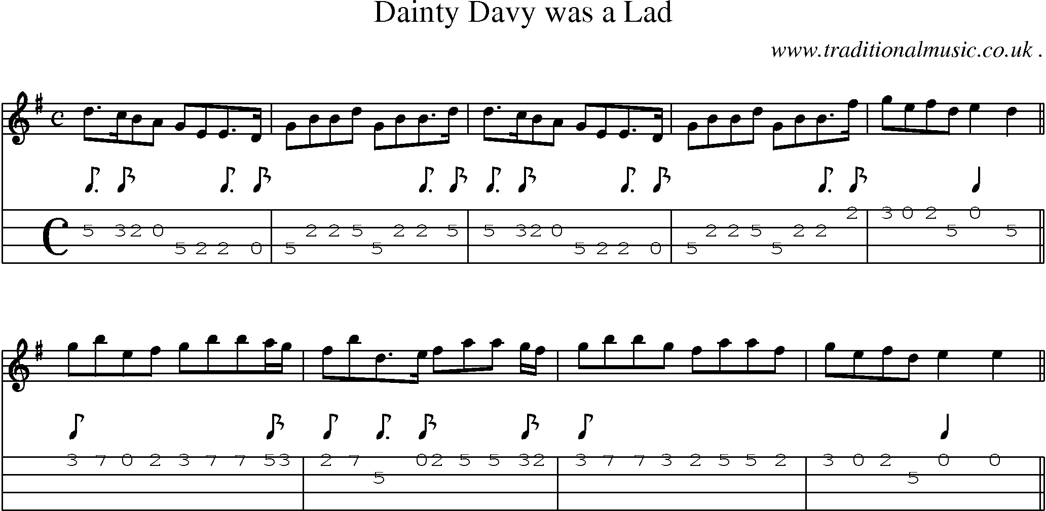 Sheet-music  score, Chords and Mandolin Tabs for Dainty Davy Was A Lad
