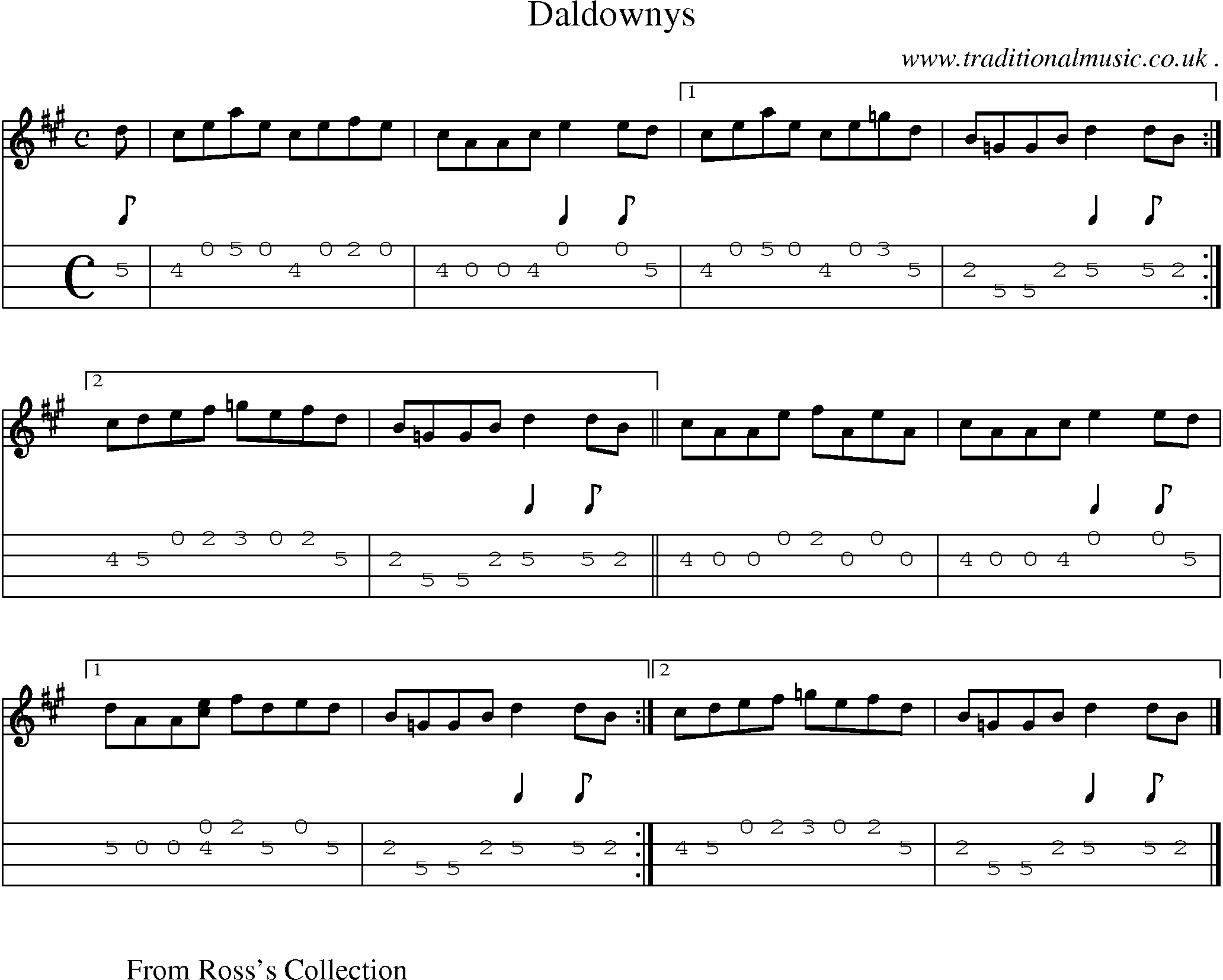 Sheet-music  score, Chords and Mandolin Tabs for Daldownys