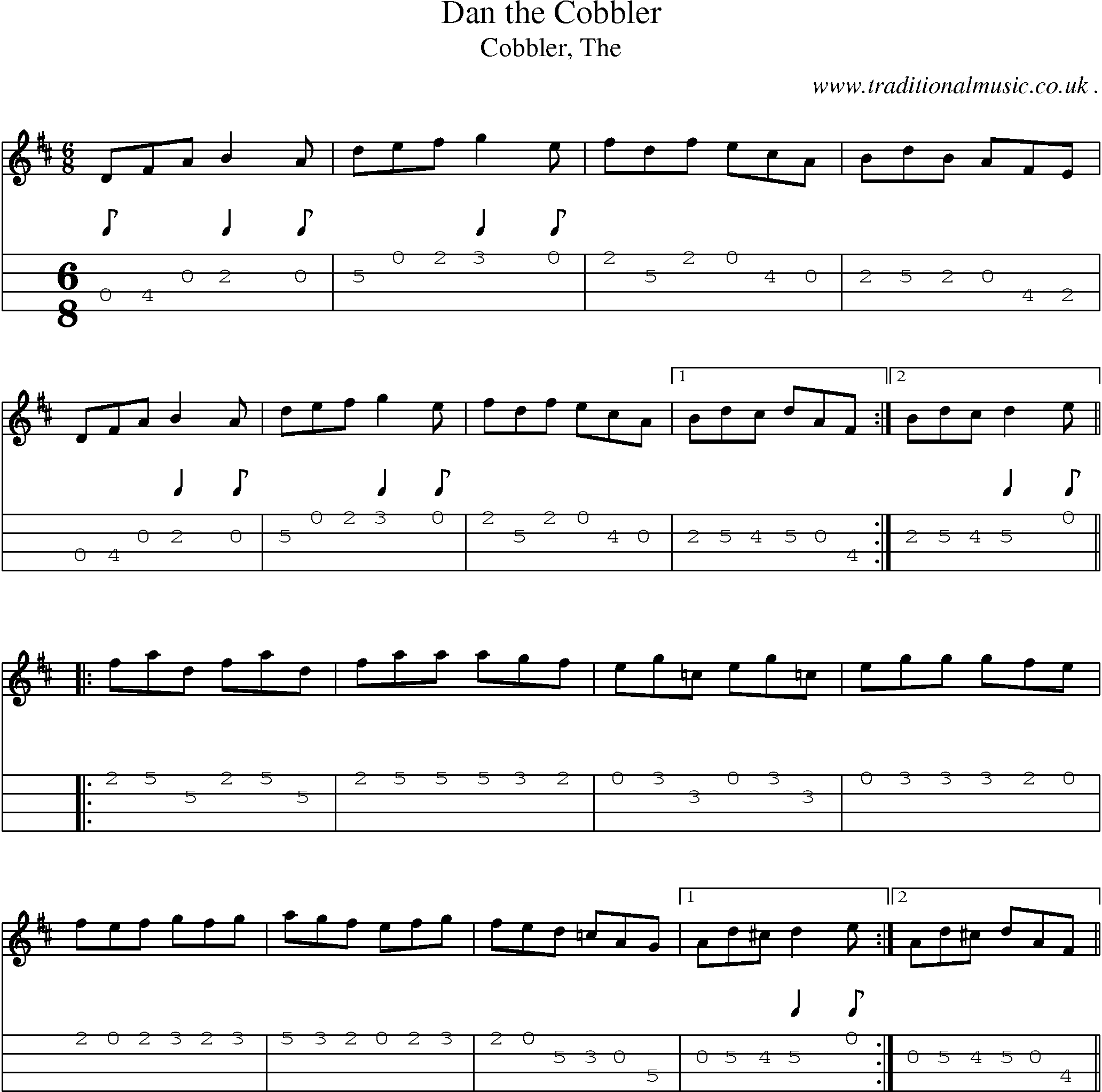 Sheet-music  score, Chords and Mandolin Tabs for Dan The Cobbler