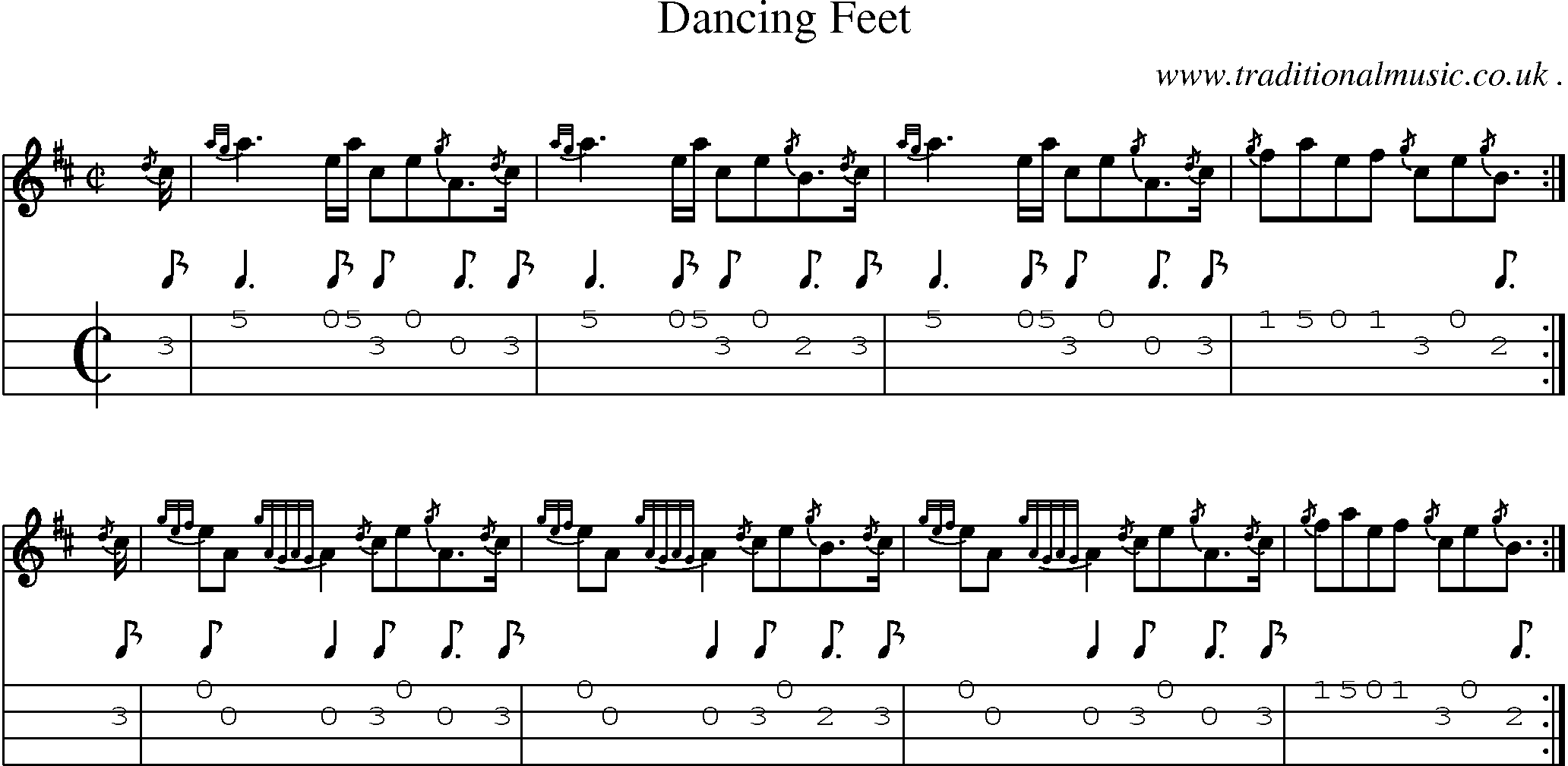Sheet-music  score, Chords and Mandolin Tabs for Dancing Feet