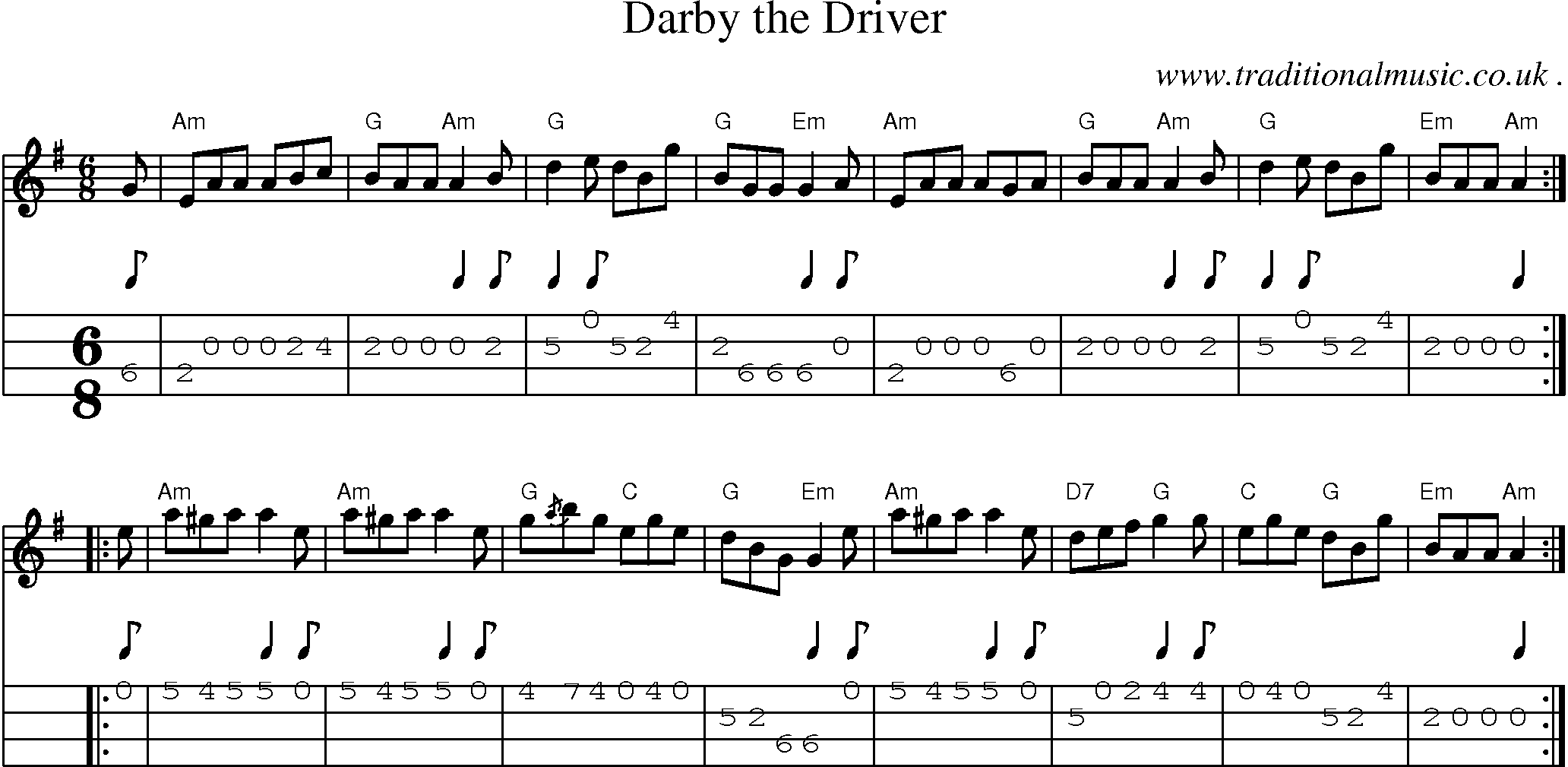 Sheet-music  score, Chords and Mandolin Tabs for Darby The Driver