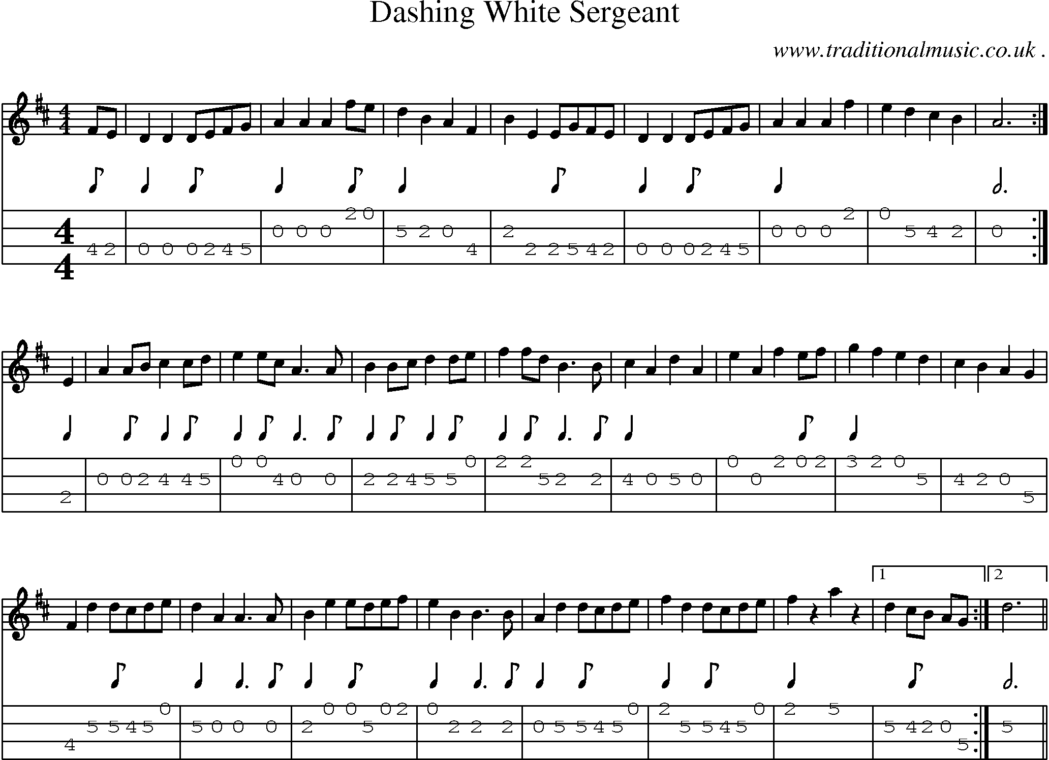 Sheet-music  score, Chords and Mandolin Tabs for Dashing White Sergeant