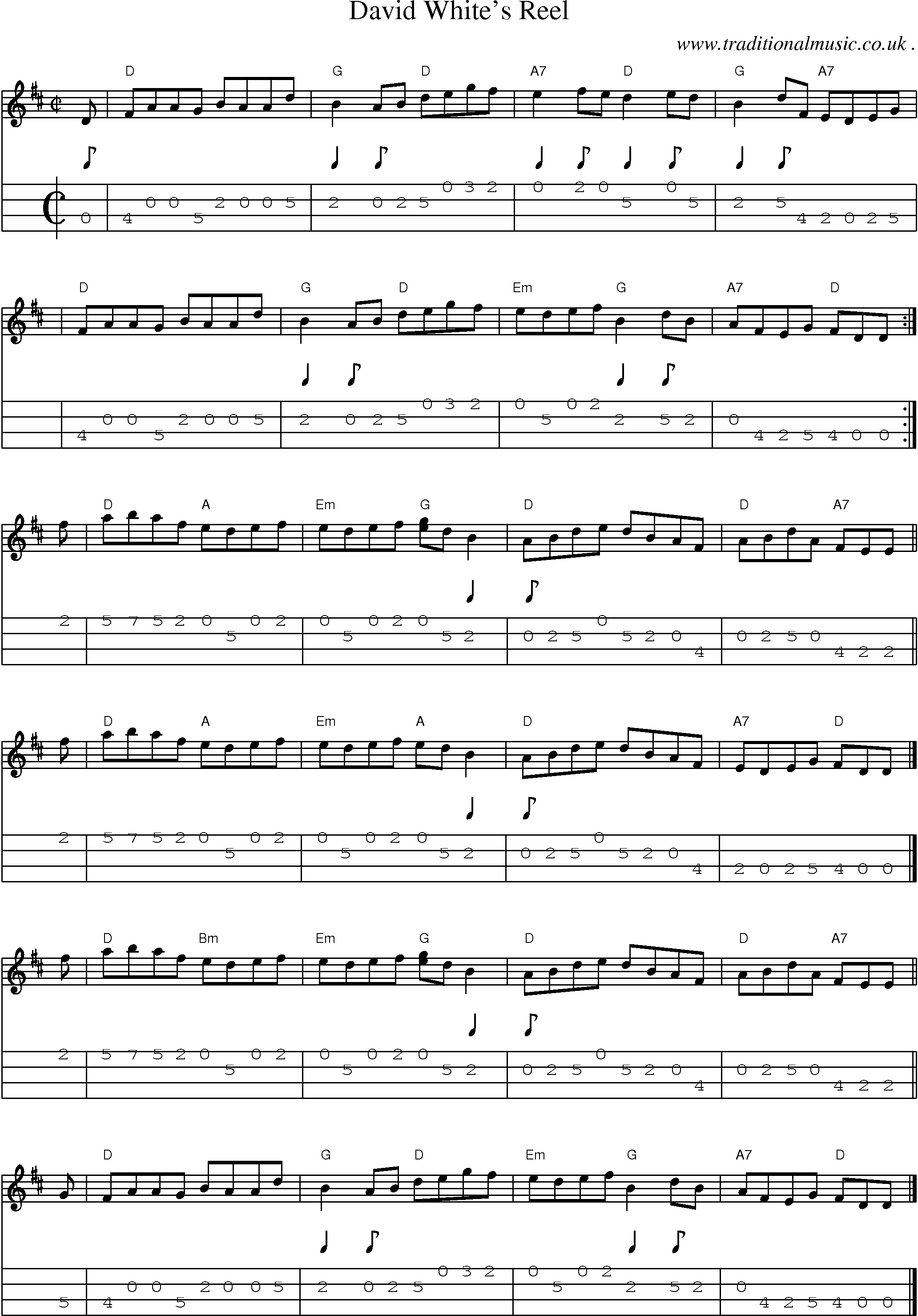 Sheet-music  score, Chords and Mandolin Tabs for David Whites Reel