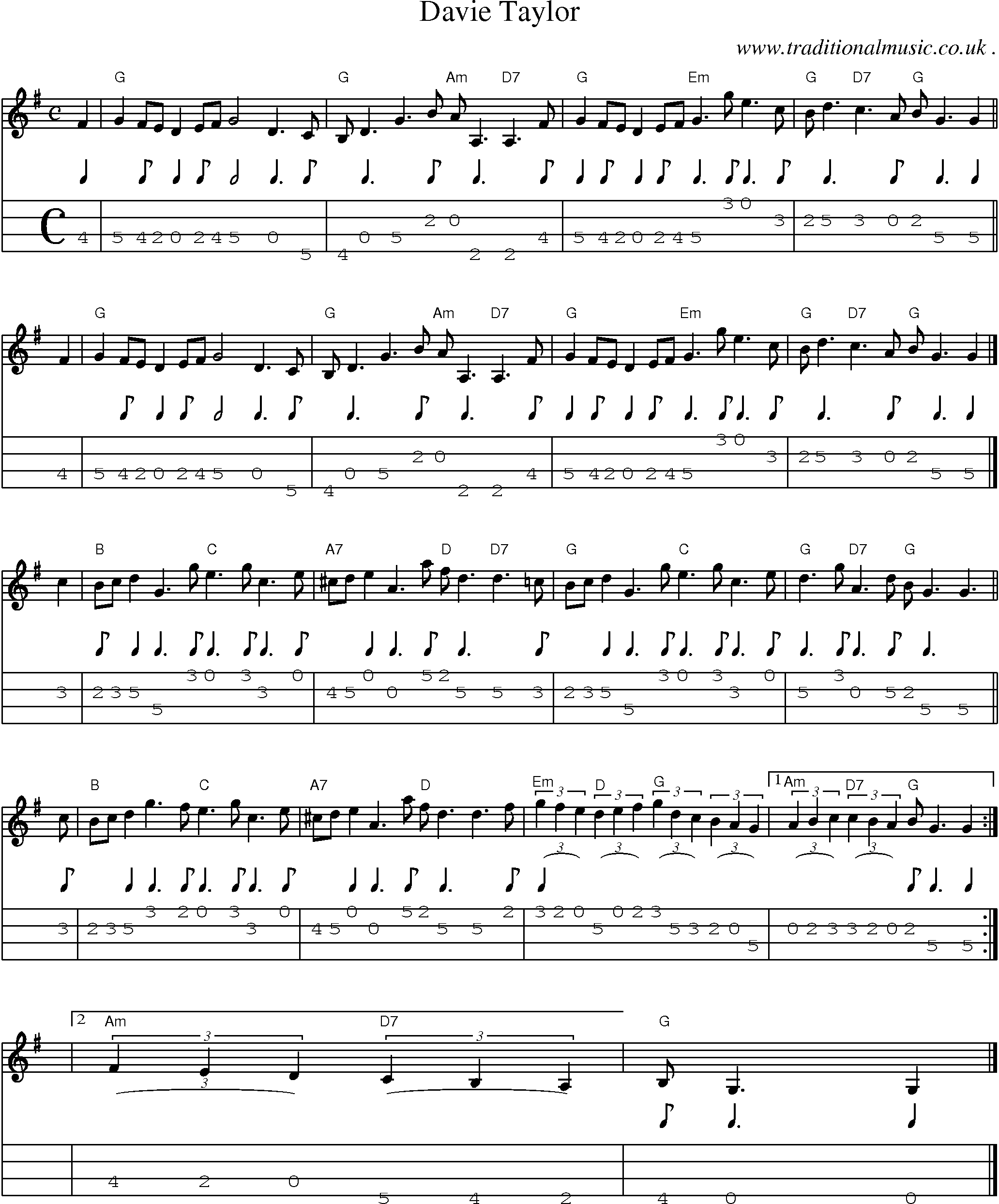 Sheet-music  score, Chords and Mandolin Tabs for Davie Taylor